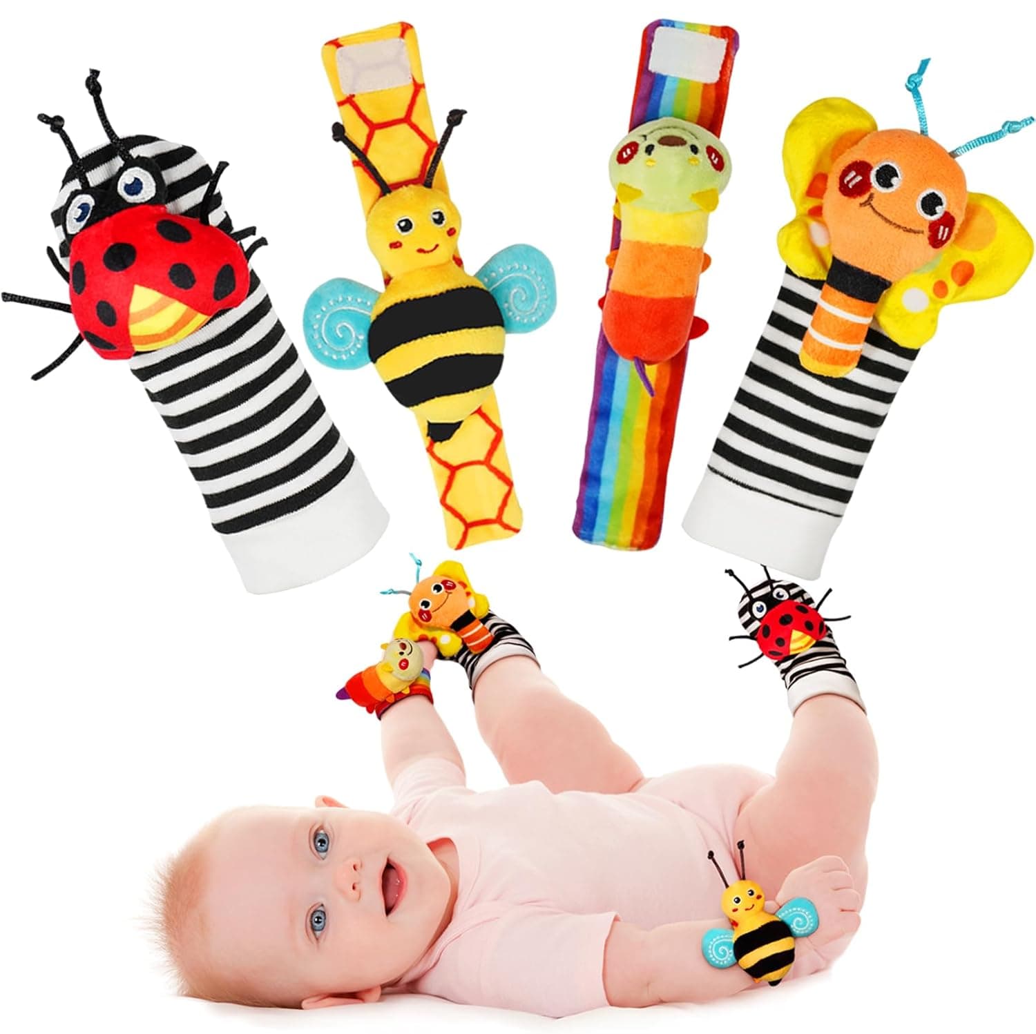 Infinno Baby Wrist Rattle Socks and Foot Finder Set, Perfect Baby Toys for 0-6 Months, Garden Bug Series