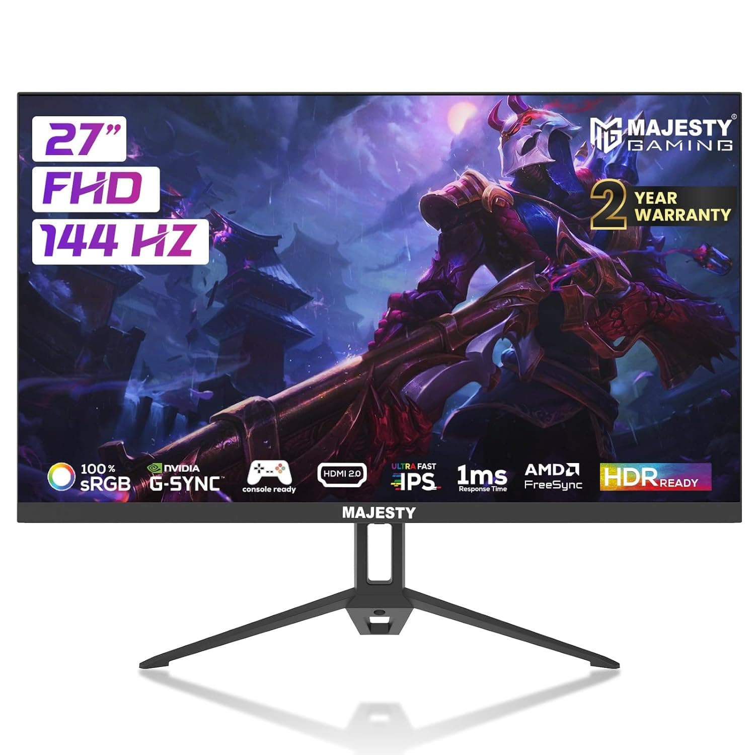 Majesty 27" FHD 1920x1080 Gaming Monitor | IPS | 144Hz | 1ms | HDR | 100% sRGB | G-SYNC & FreeSync | Built-in Speakers | DisplayPort & HDMI | VESA