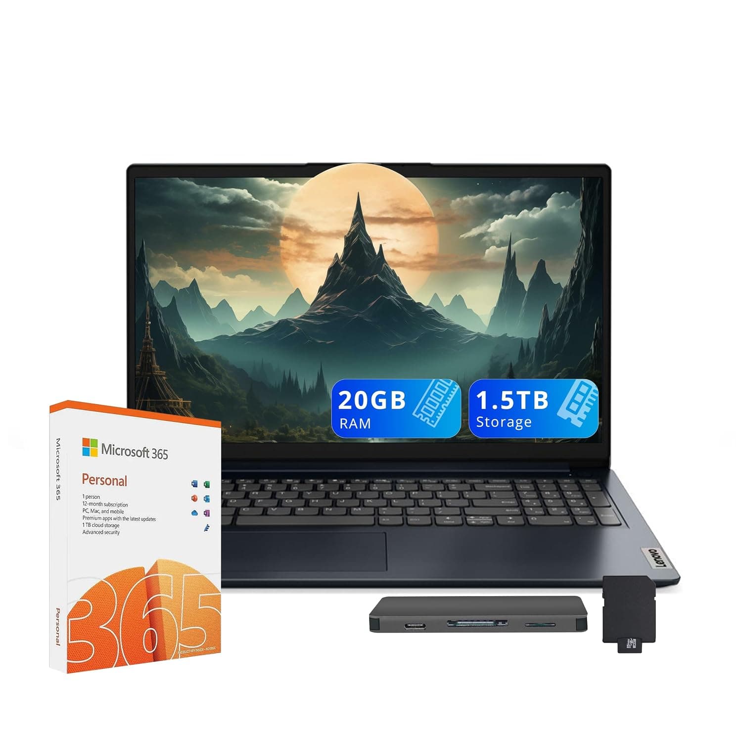 Lenovo IdeaPad 1 15.6" HD Laptop, Intel Celeron N4500, 20GB RAM, 1TB SSD+128GB eMMC, Intel UHD Graphics, 1 Year Office 365, Num Pad, Wi-Fi 6, Win 11, Abyss Blue, 512GB Docking Station Set