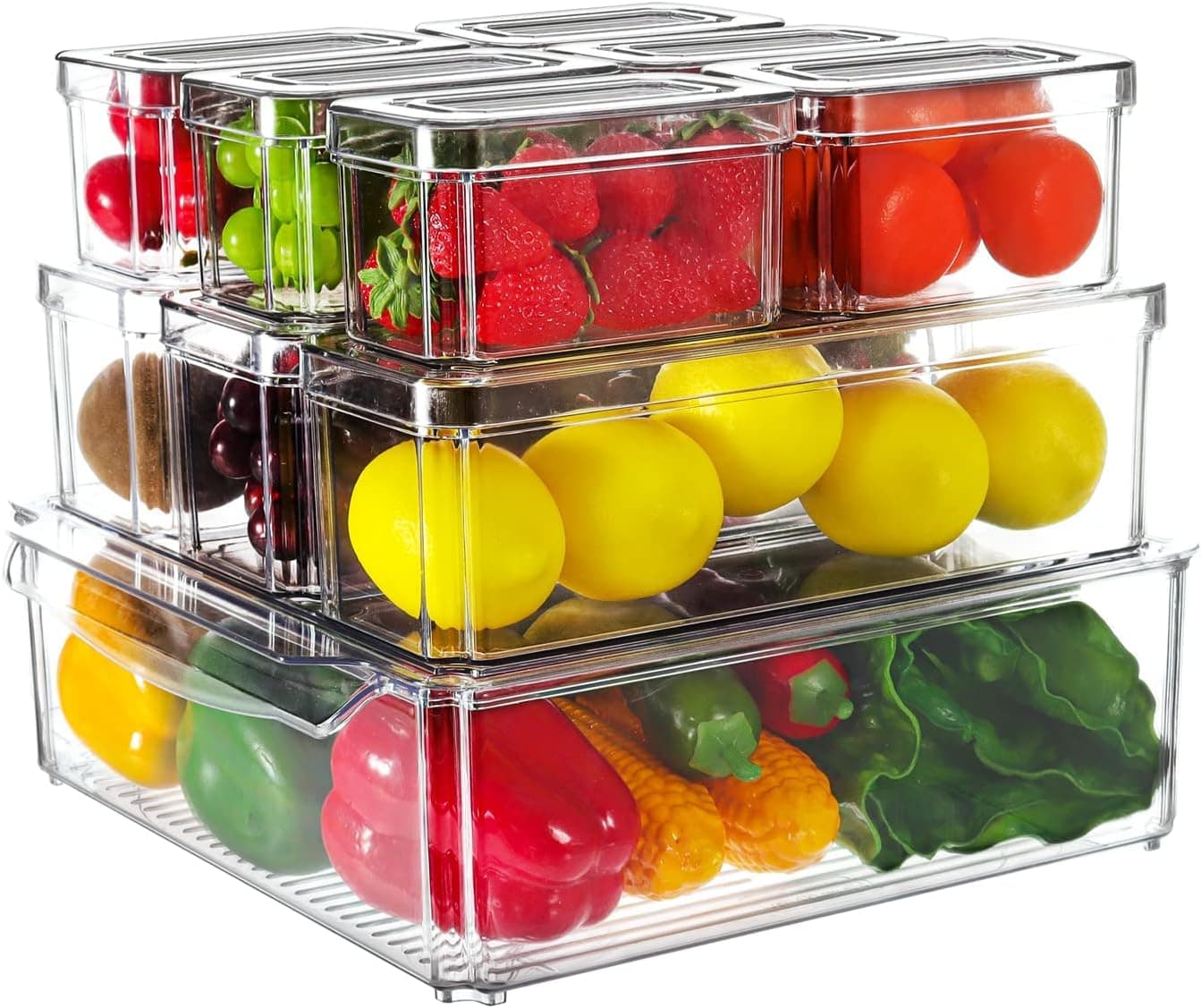 NANAO 10 Pack Fridge Organizer, Stackable Refrigerator Organizer Bins with Lids, Fruit Storage Containers for Food, Drinks, Vegetable Storage