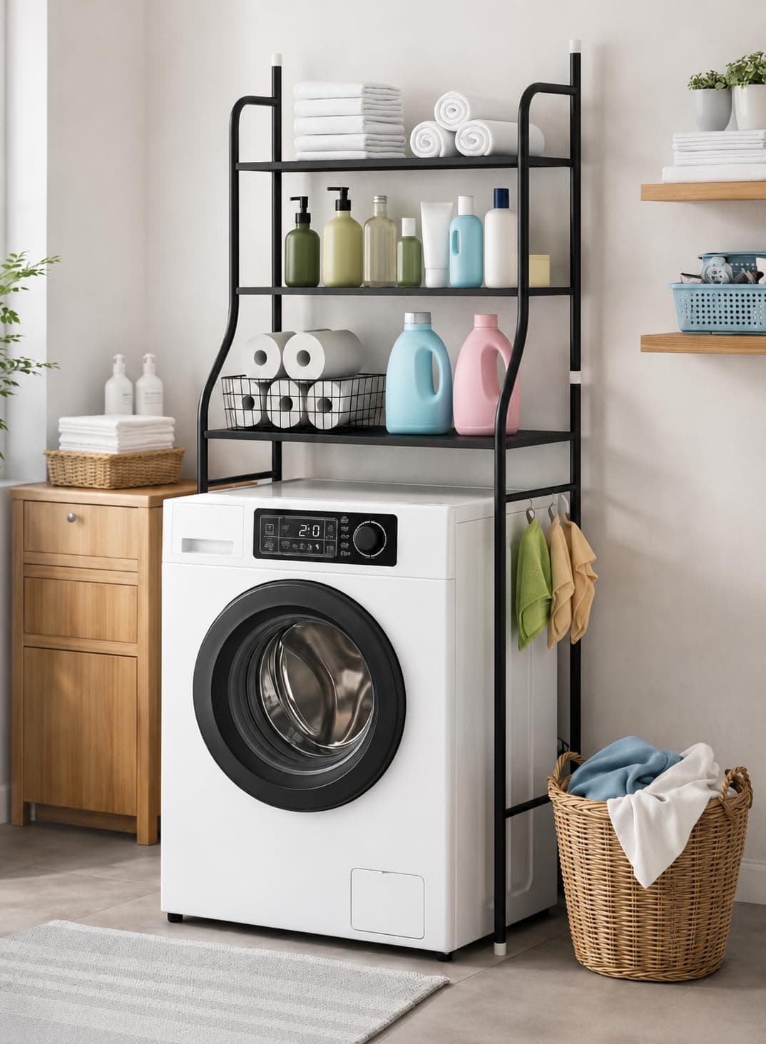 Multi-layer Metal Washing Machine Organizer Stylish and Practical Solution for Organizing Laundry Supplies and Space Saving in a Modern and Upscale Style