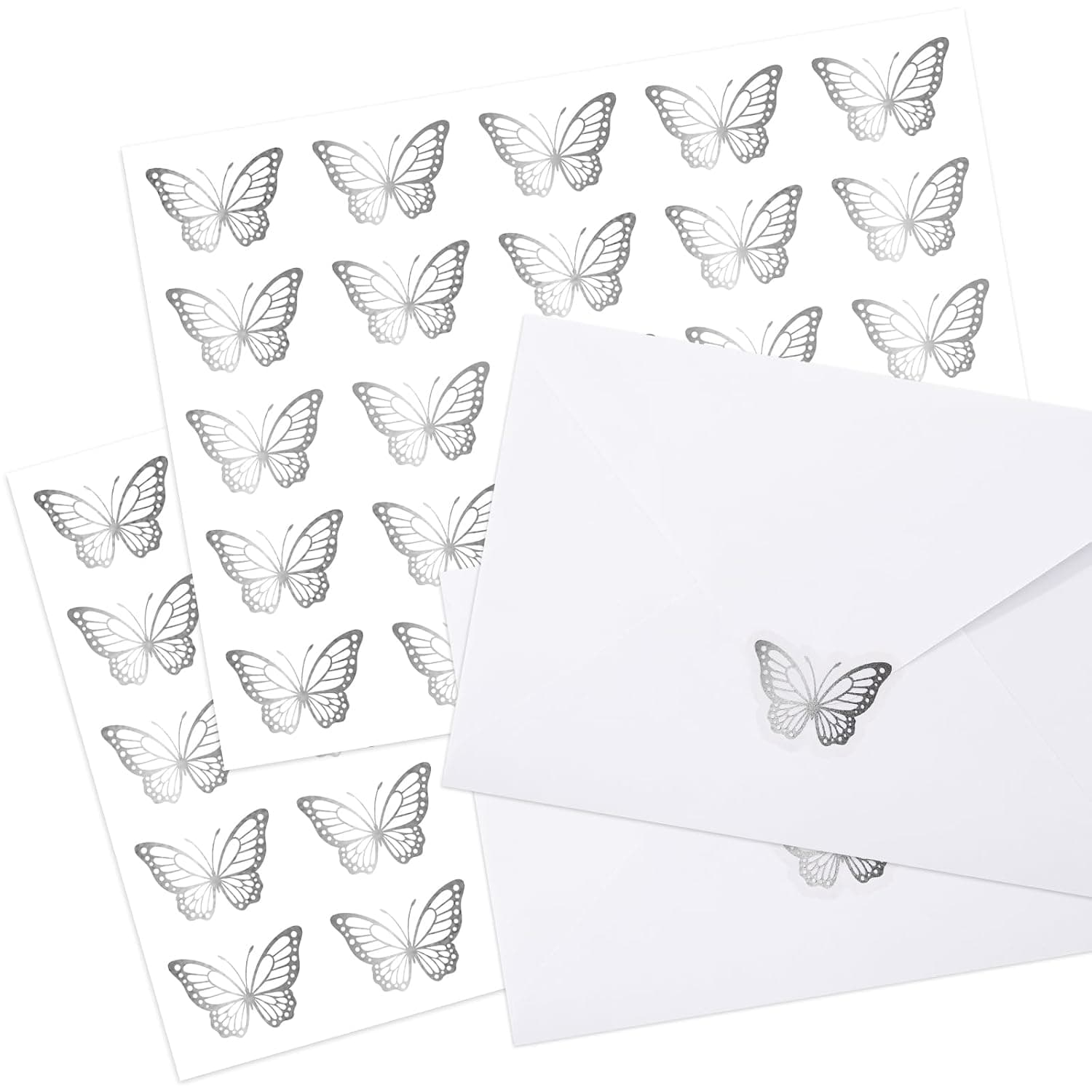 Whaline 500Pcs Butterfly Stickers Silver Foil Envelope Seal Stickers Self-Adhesive Decorative Decals for Greeting Invitation Cards Envelope Sealing Gift Wrapping