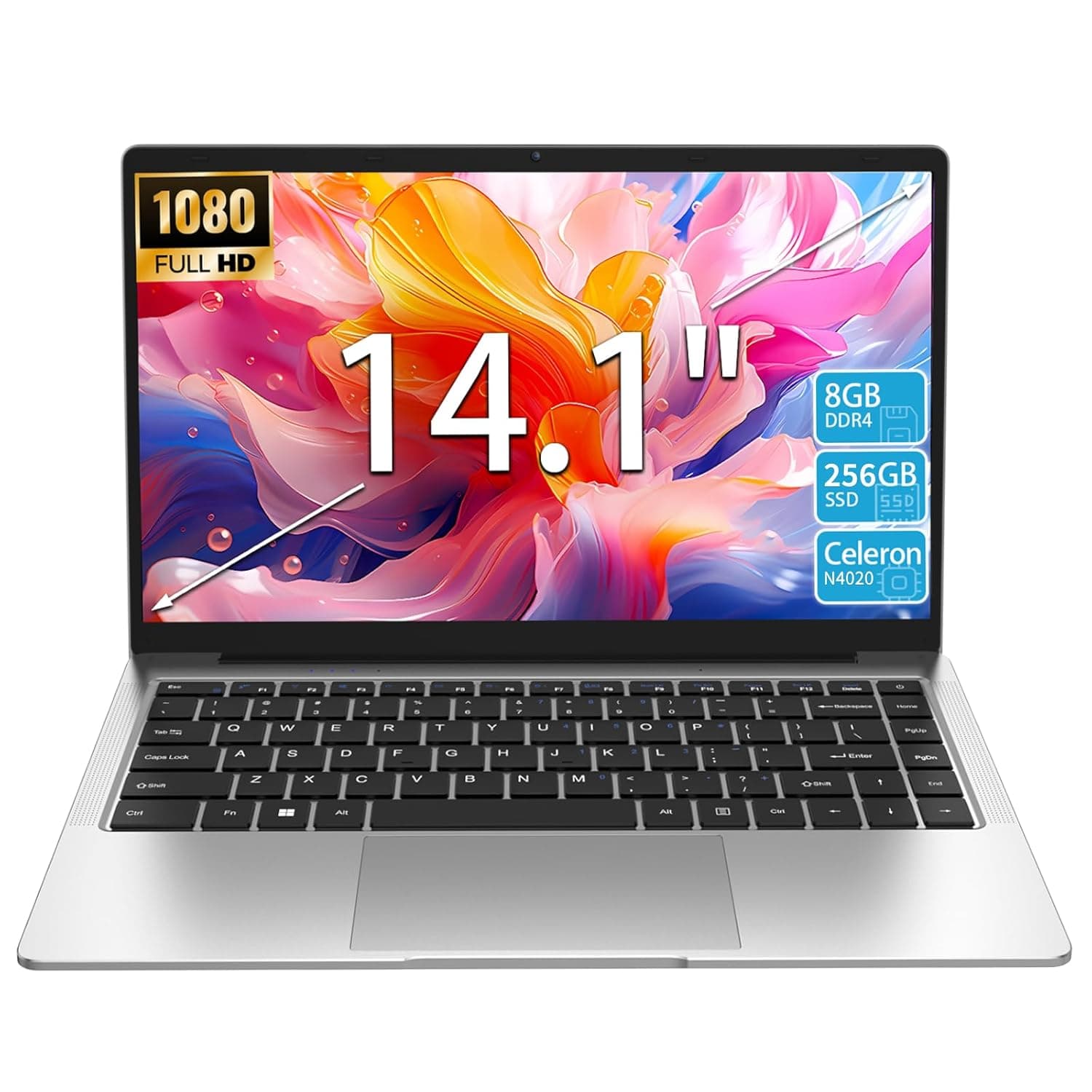 KurieTim 14.1 Inch Laptop, 8GB DDR4 RAM, 256GB SSD, Laptops Computer with Celeron CPU N4020, 14.1" FHD IPS LCD Screen, WiFi, Webcam, USB-A x2, Mini HDMI, Silver