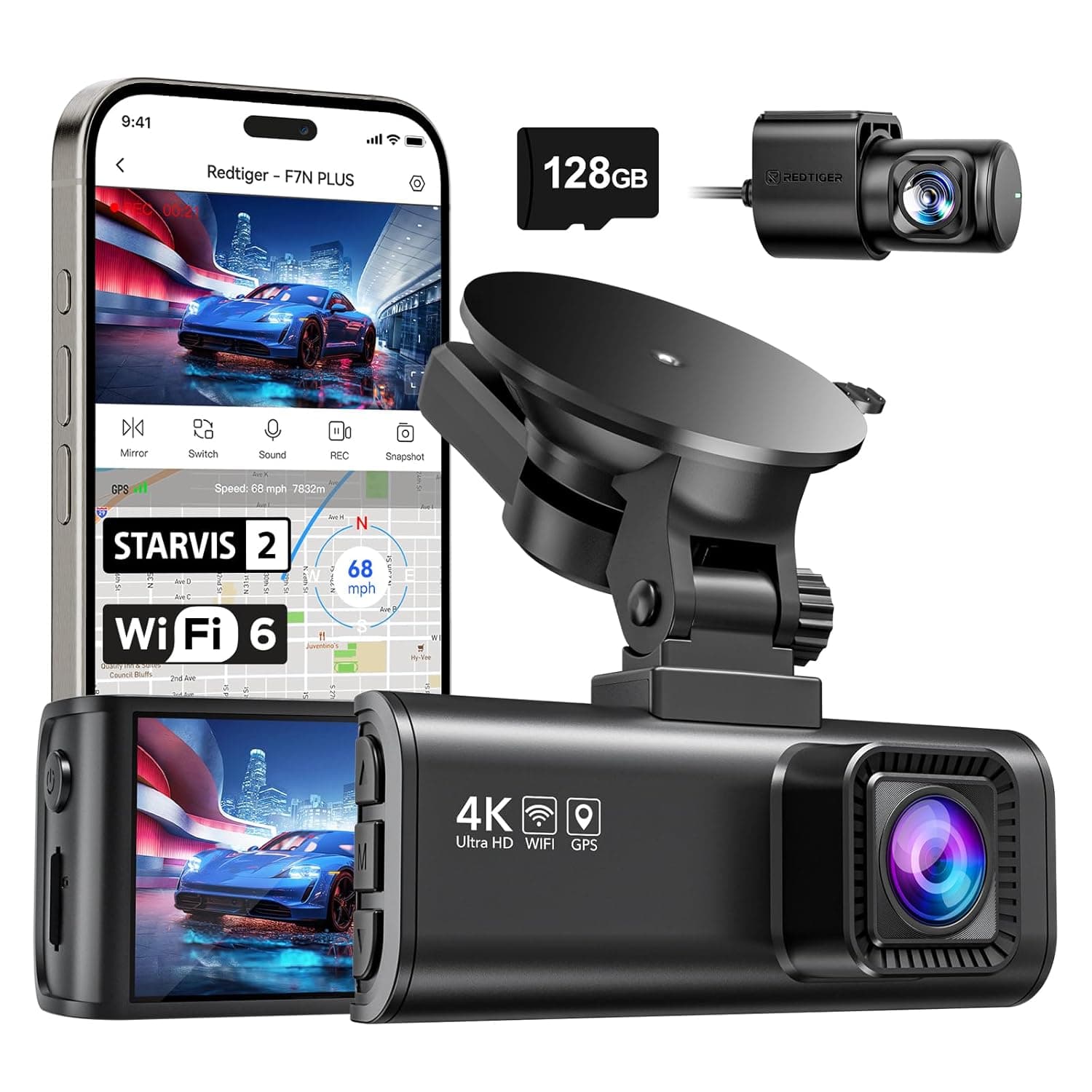 كاميرا داش أمامية وخلفية مزدوجة للسيارات بدقة 4K FHD مع بطاقة 32GB متضمنة من ريد تايجر، كاميرا سيارة للرؤية الليلية، واي فاي، شاشة IPS LCD 3.18 بوصة، رؤية واسعة 170 درجة، WDR، وضع وقوف 24 ساعة، F7NP