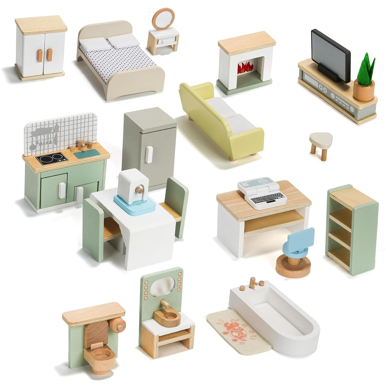 23 Pcs Premium Wooden Dollhouse Furniture Set for 5 Rooms, Miniature Doll House Accessories & Educational Toys for Toddlers & Kids, Imaginative Pretend Play Gift for Girls & Boys