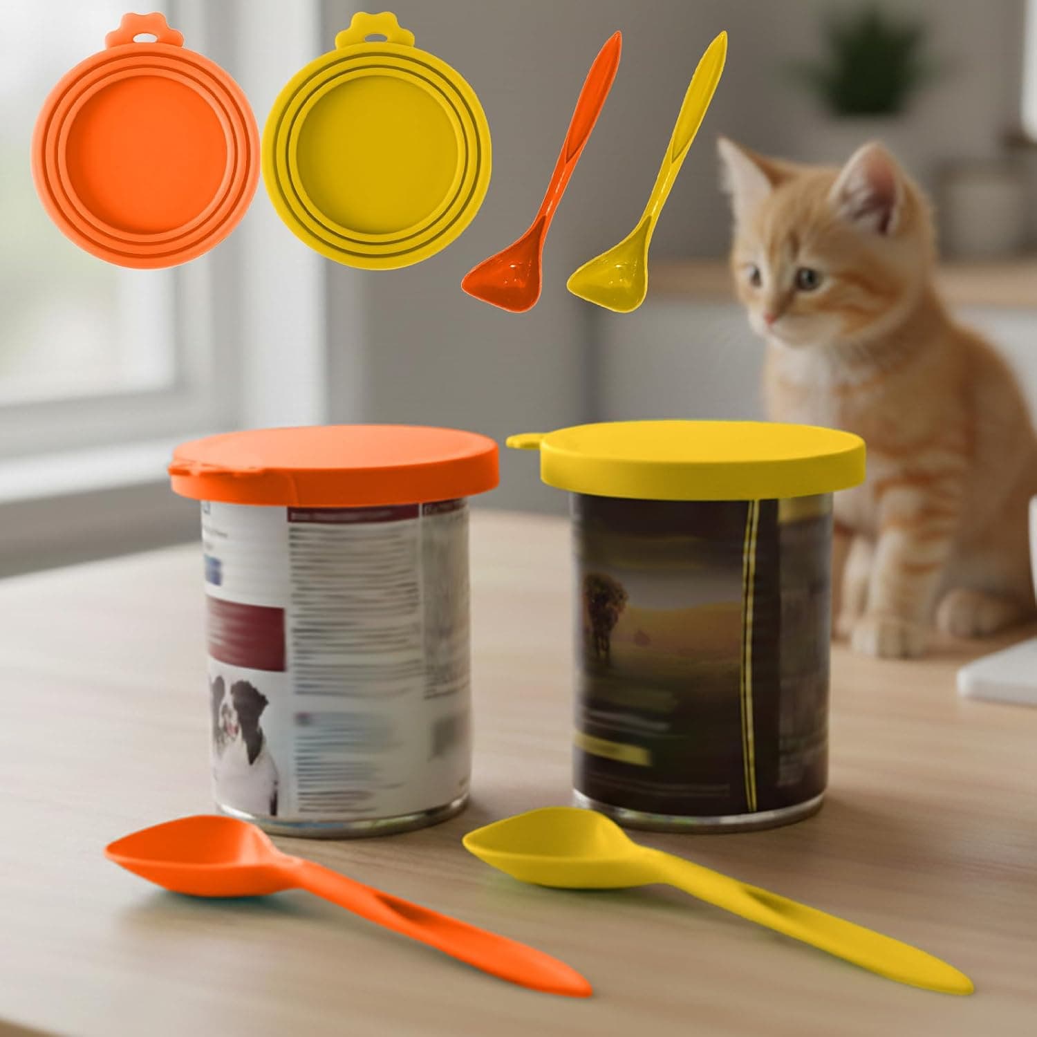 Pet Food Can Lids with Spoon 2 Pack, Silicone Covers for Dog and Cat Cans, Airtight Seal & Durable, One fit 3 Standard Size Food Cans, Yellow Orange