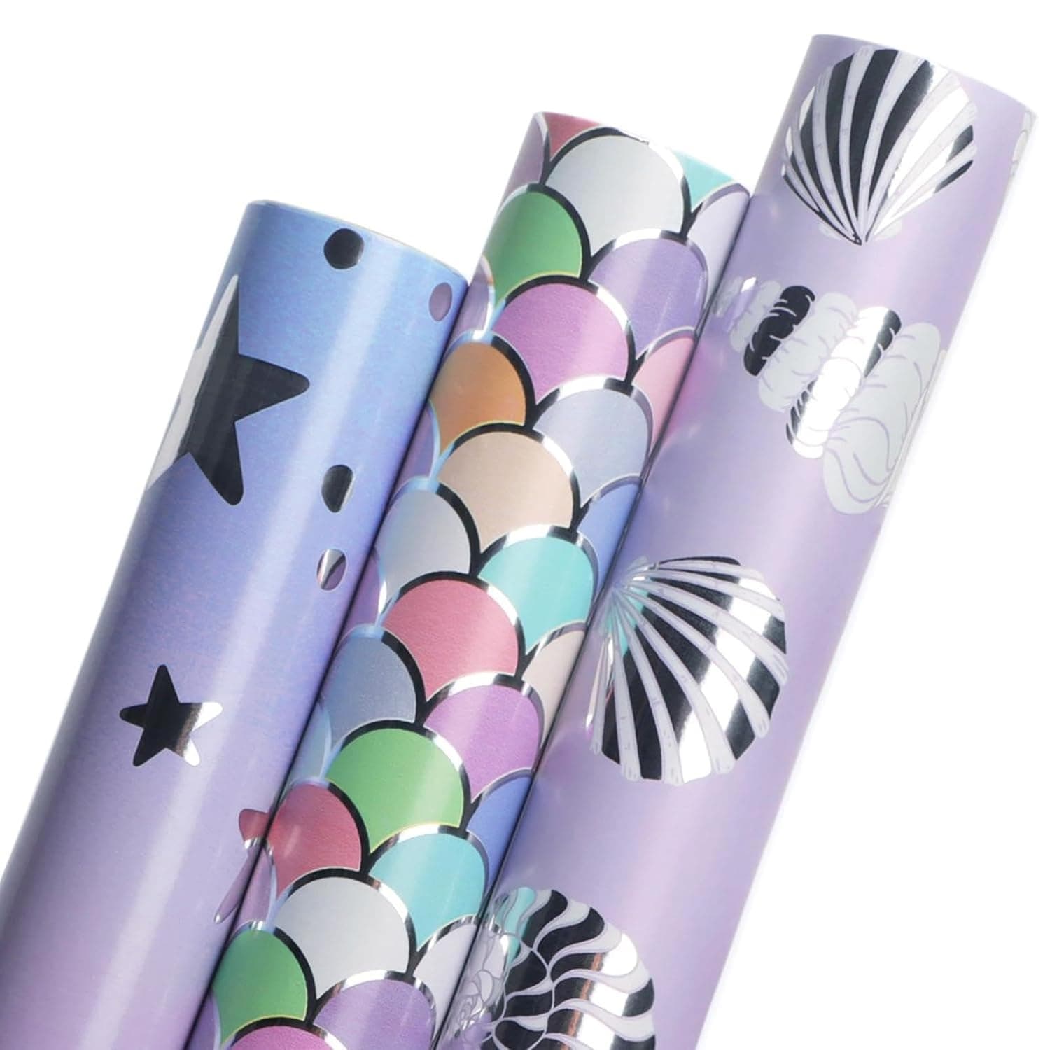Tazweeq 3 Rolls Wrapping Paper, Mermaid Scale Scallop Birthday Paper, Pink and Lavender Purple Mermaid Wrapping Paper for Girls- Mini Roll 17 inch x 120 inch(10feet) Per Roll