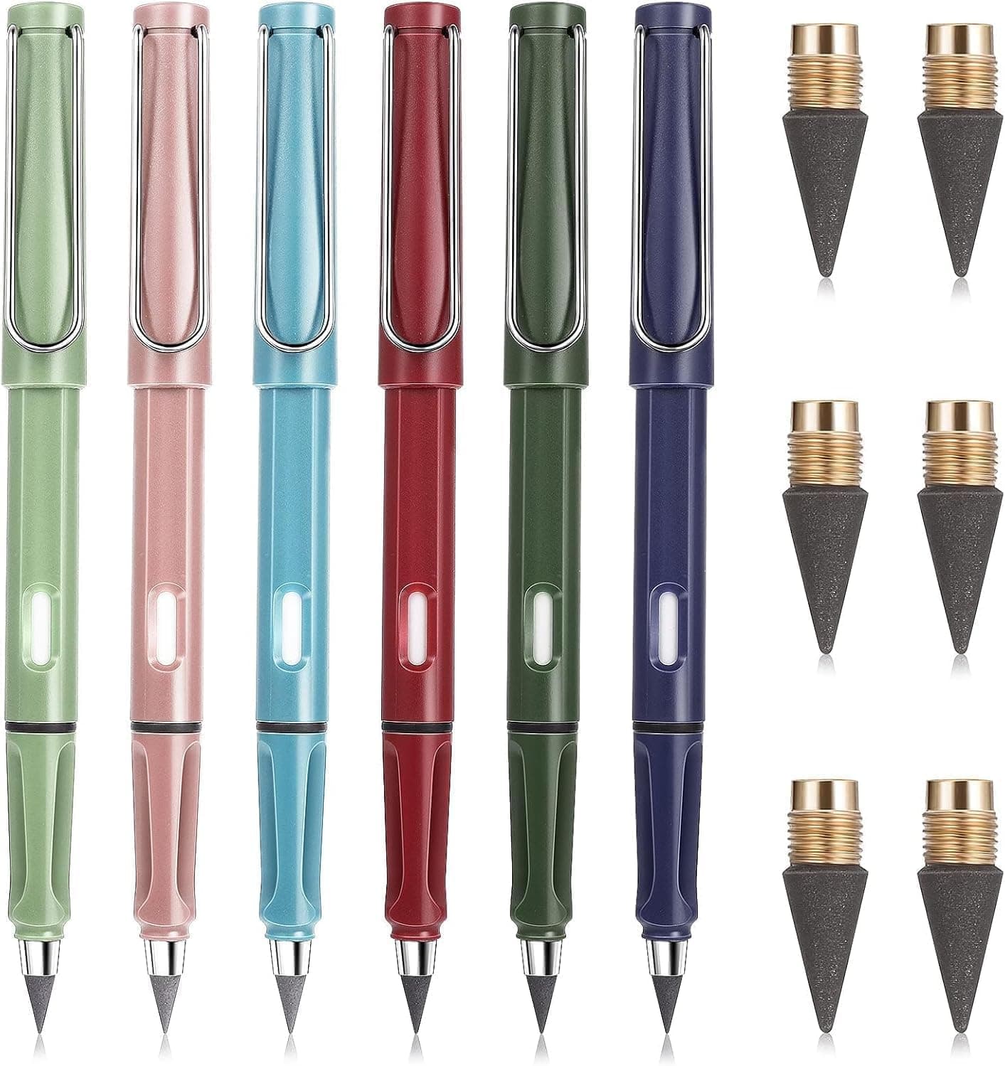 Aputue Everlasting Pencil, 6 Sets Infinity Writing Tools with 6 Replaceable Nibs, Eternal Graphite Pencils for School and Office Use, Includes 6 Erasers for Convenient Sketching and Drawing
