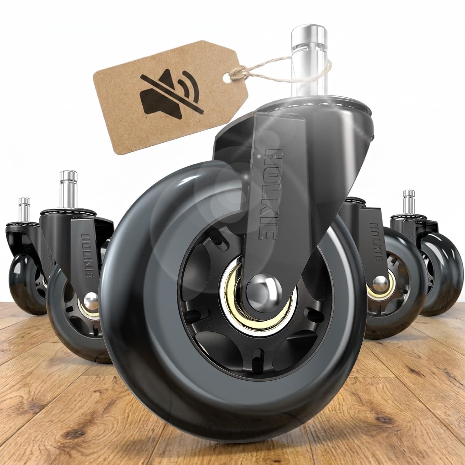 HOLKIE Office Chair Casters, Roller Blade Model, 11X22Mm, Full Black, 3 Inch, Rubberized, 5 Piece Set, Ideal for Carpets, Hardwood Floors and Games. Glides Gently