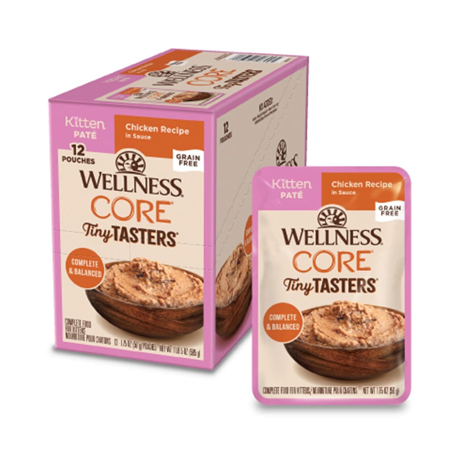 Wellness CORE Tiny Tasters Minced Kitten Wet Cat Food, Natural, Protein-Rich, Grain Free, 1.75-Ounce Pouch, 12 Pack, (Chicken)