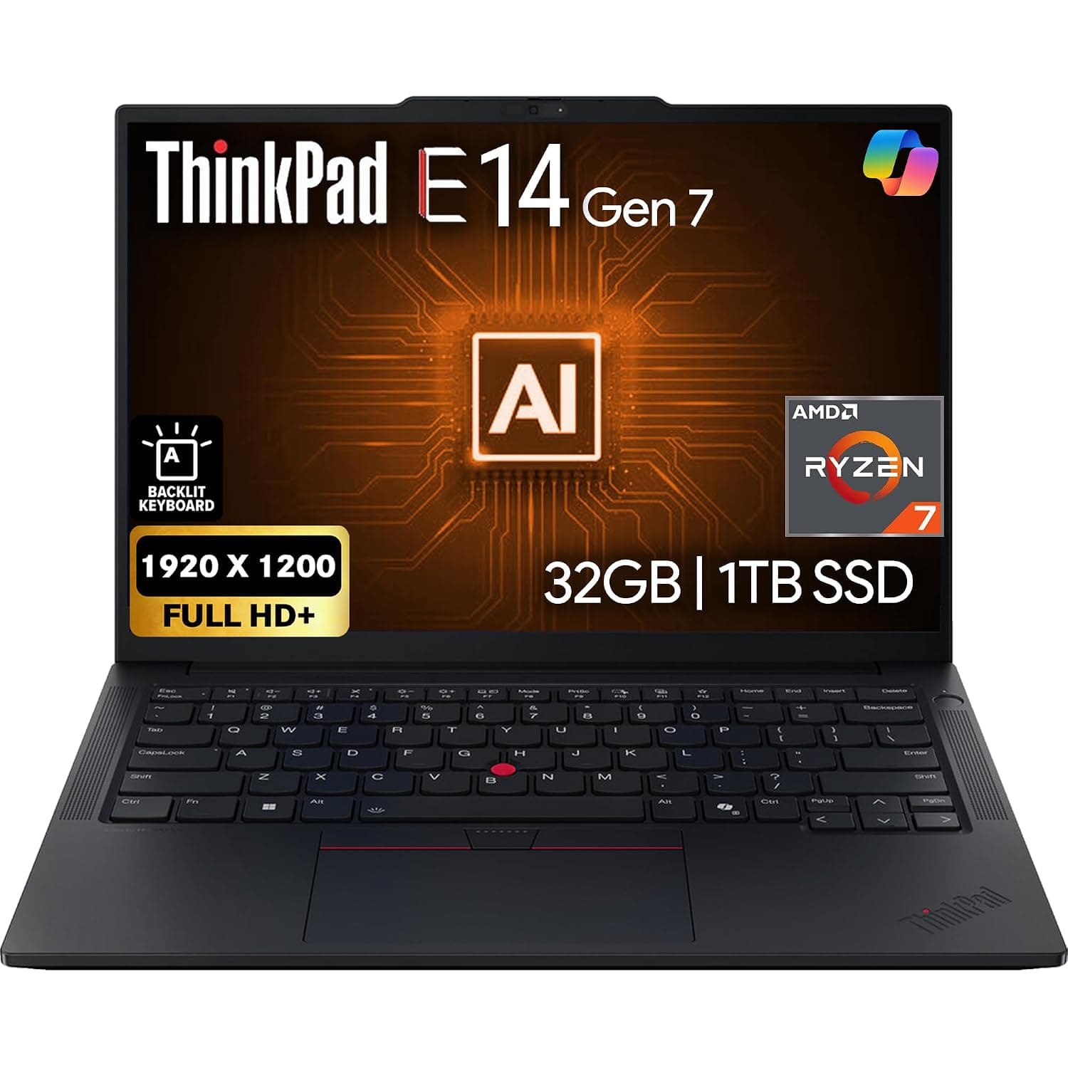 Lenovo ThinkPad E14 Gen 7 14" FHD+ Display, AMD Ryzen 7 250 (Beats Core 7 240H), 32GB DDR5 RAM, 1TB SSD PCIe, Backlit KB, WiFi 6E + BT, RJ-45, FHD Webcam, Windows 11 Pro, AI Business Laptop - Black