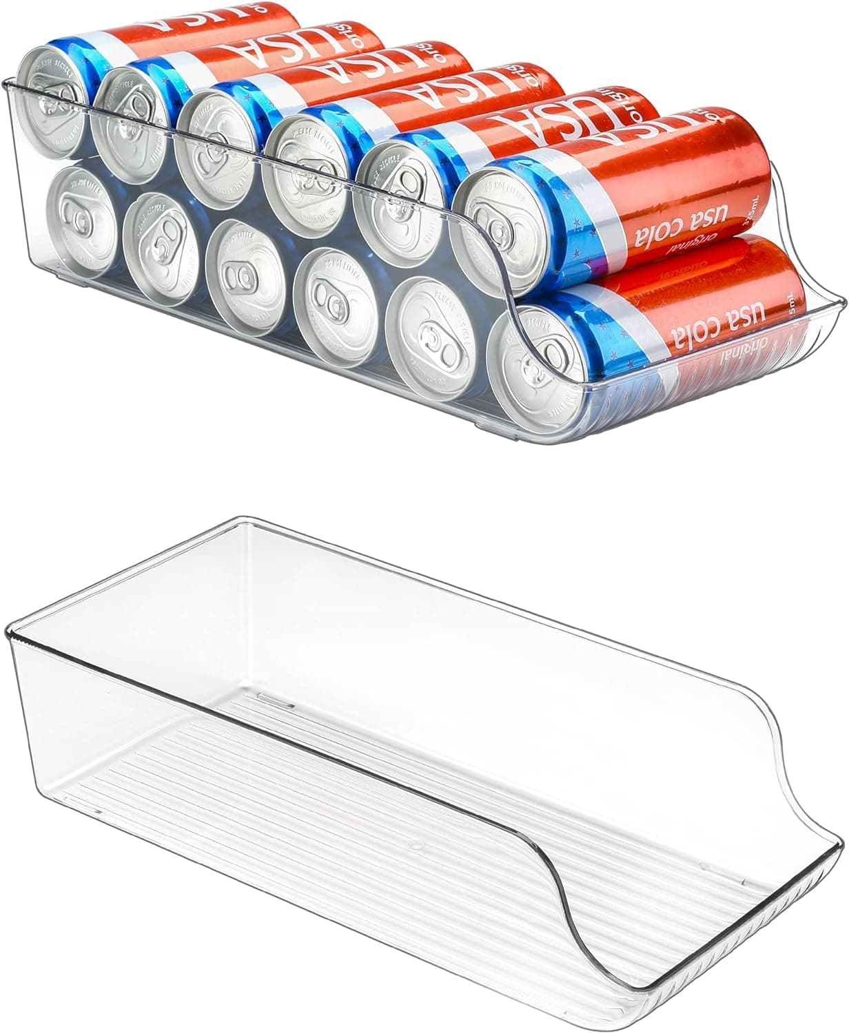 عبوة من قطعتين منظم موزع علب مشروبات نحيفة للثلاجة، صندوق تخزين بحامل علب صودا طويل نحيف بلاستيك شفاف للثلاجة والفريزر وحجرة المؤن والخزانة والمطبخ - للعلب النحيفة