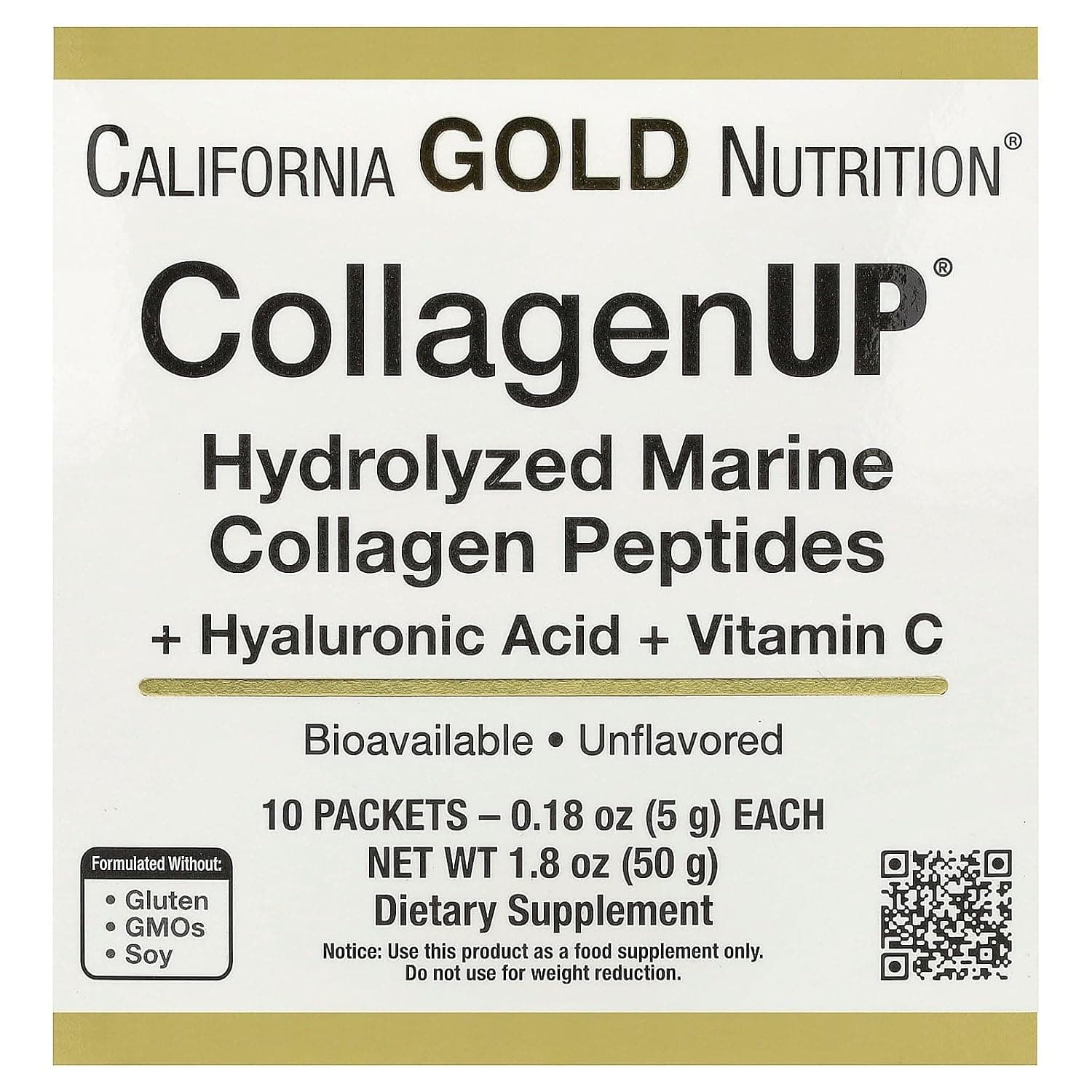 California Gold Nutrition, CollagenUP®, Hydrolyzed Marine Collagen Peptides with Hyaluronic Acid and Vitamin C, Unflavored, 10 Packets, 0.18 oz (5 g) Each