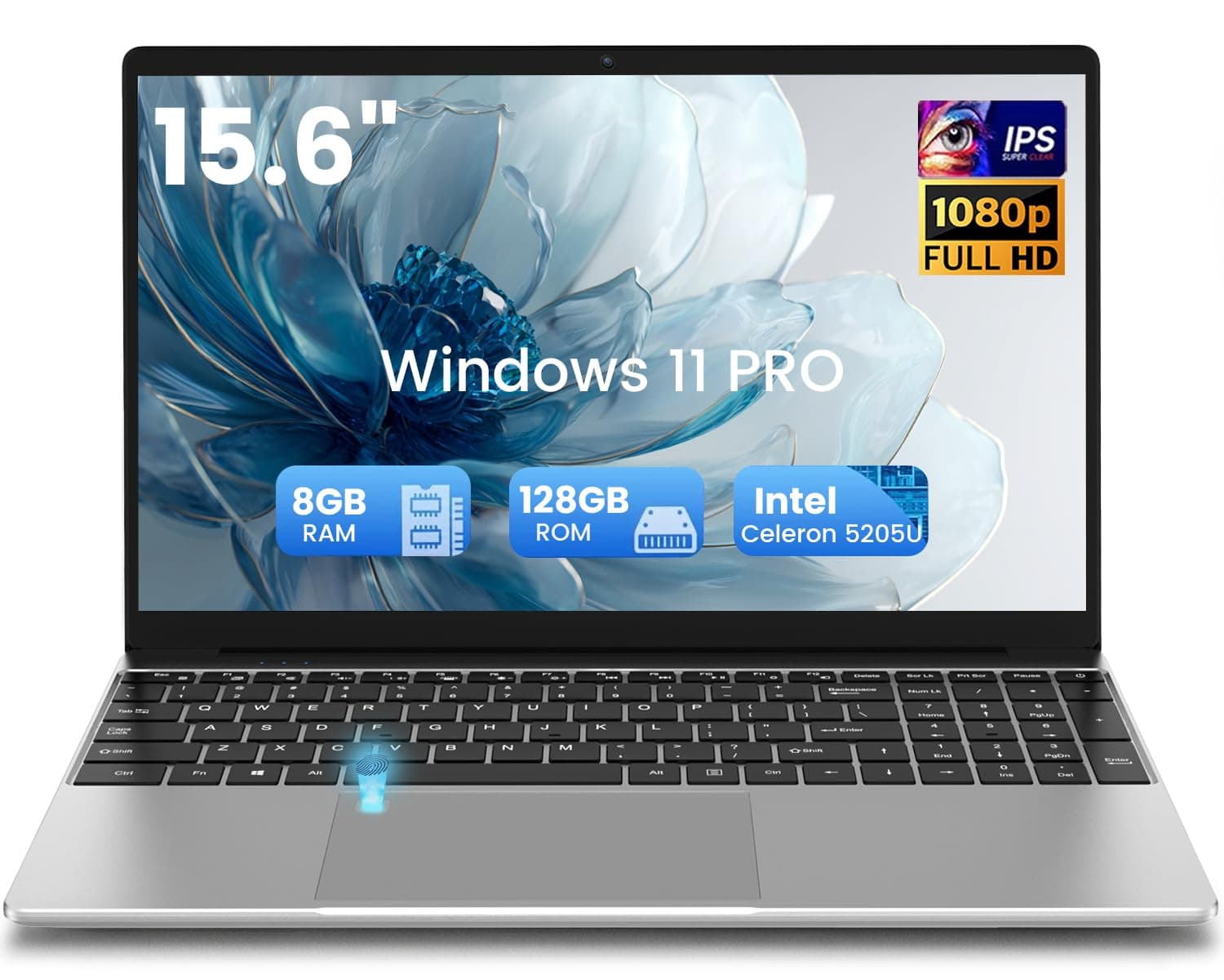 15.6" Laptop Computer, Win 11 Pro, 8GB DDR4 RAM 128GB SSD, 1080P FHD Display, Celeron 5205U Processor, USB 3.0, Backlit Keyboard, Fingerprint Reader, 30Wh Battery, Portable Laptop for Business