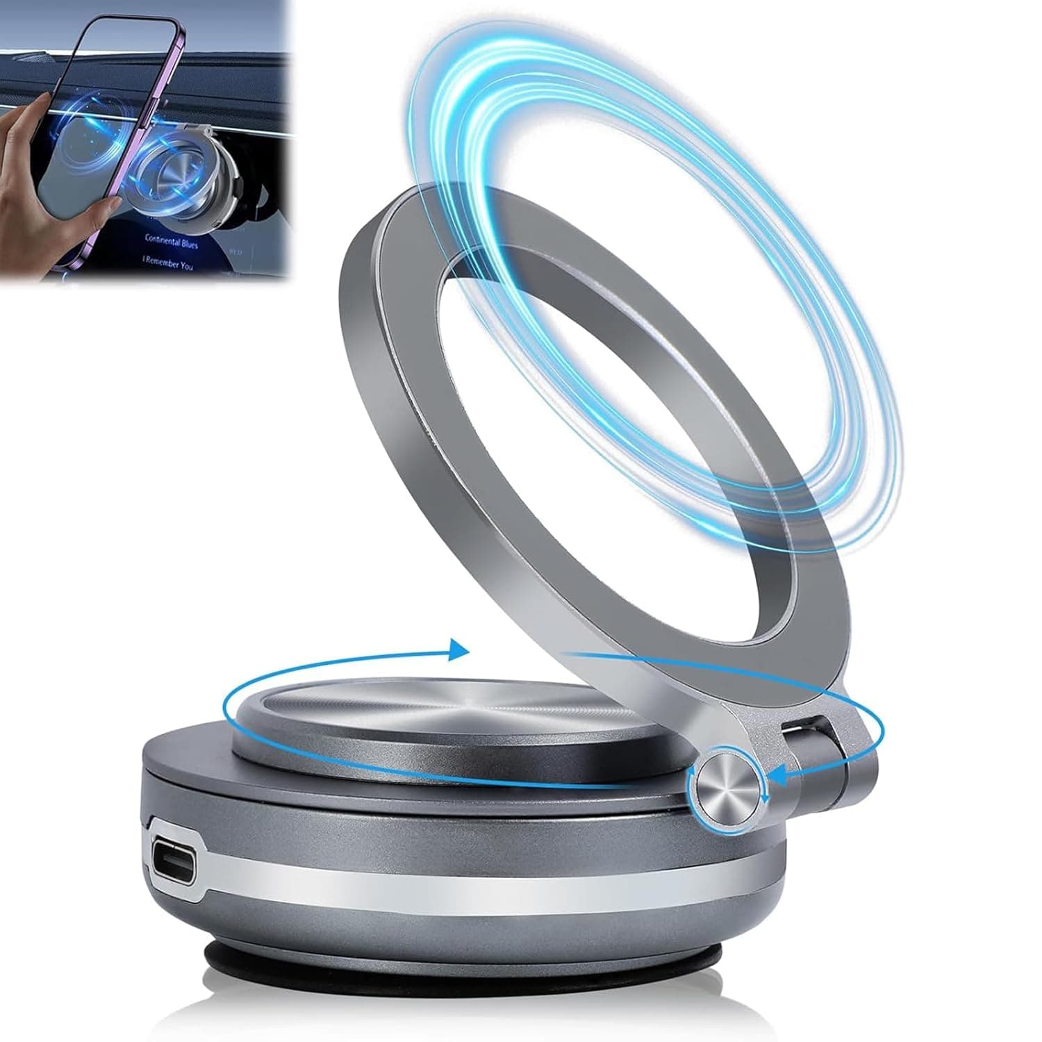 حامل موبايل مغناطيسي كهربائي للسيارة قابل للدوران 360 درجة، حامل موبايل للسيارة لجميع الهواتف الذكية (فضي)