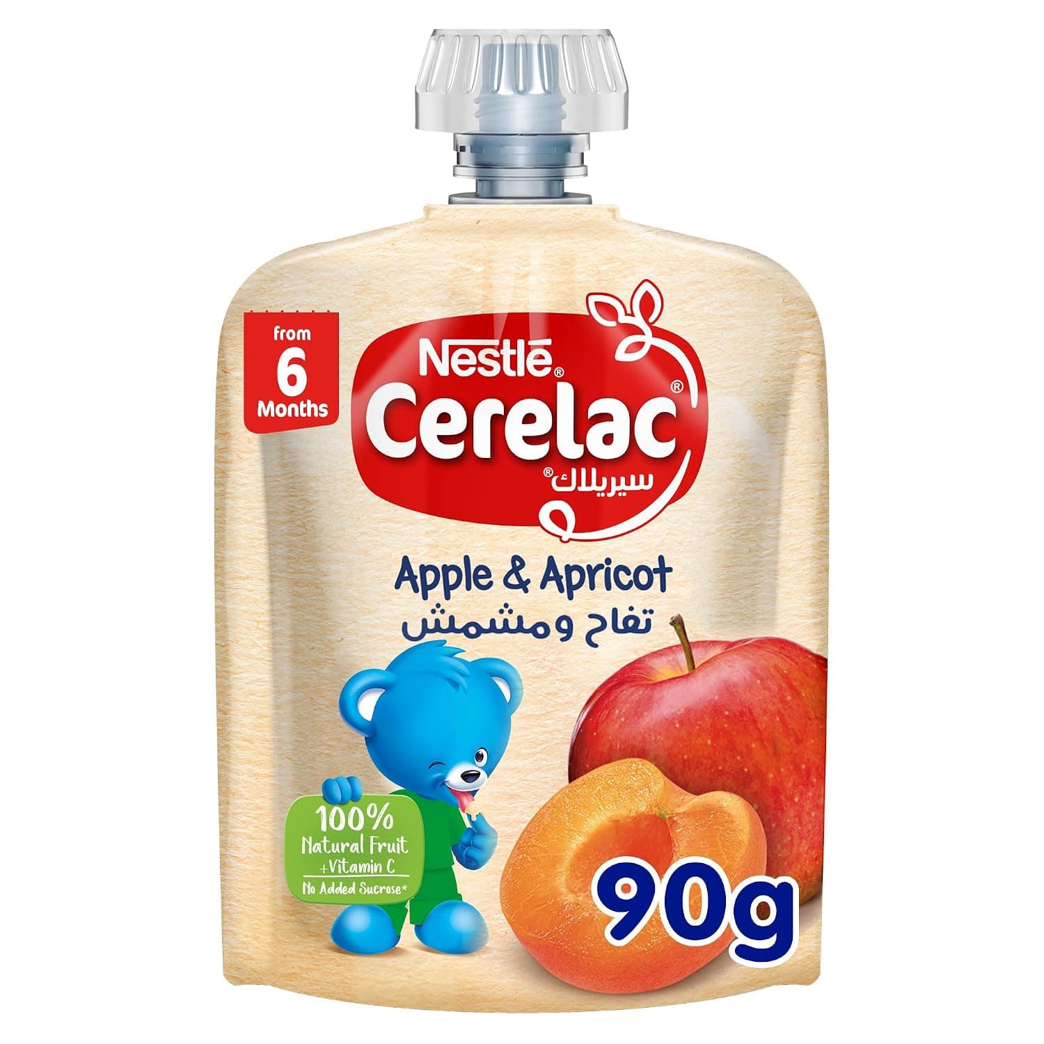 Nestle Cerelac Baby Food Fruits Apple & Apricot puree pouch, High in Vitamin C, 100% Natural Fruits, No Added Sugars, No artificial flavors, No preservatives. 90G (6m+)