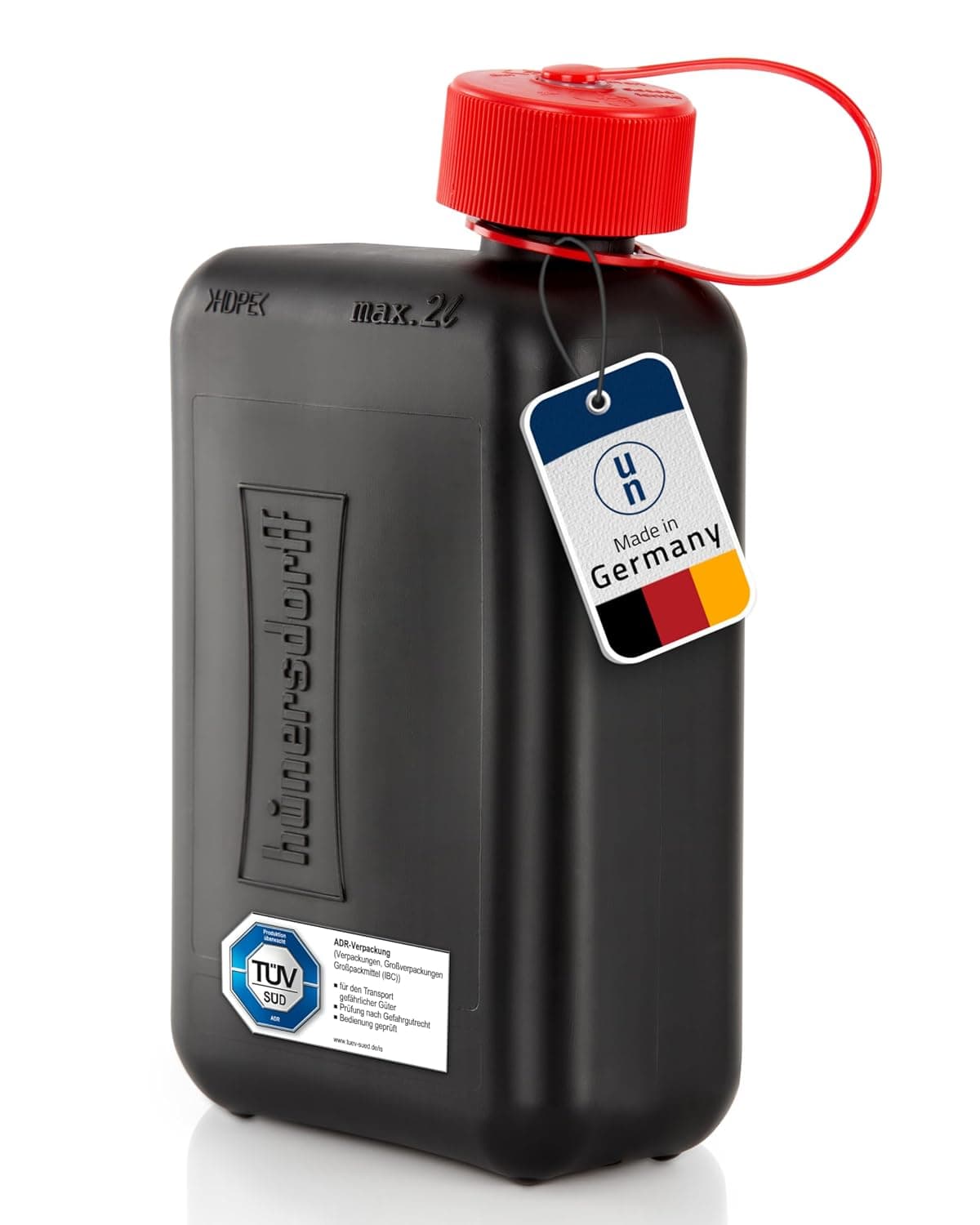 Hünersdorff Fuel Canister Standard 2 L, Replacement Canister for Small Cars and Hybrid Vehicles, HD-PE, Made in Germany, TÜV-Certified Production, Black