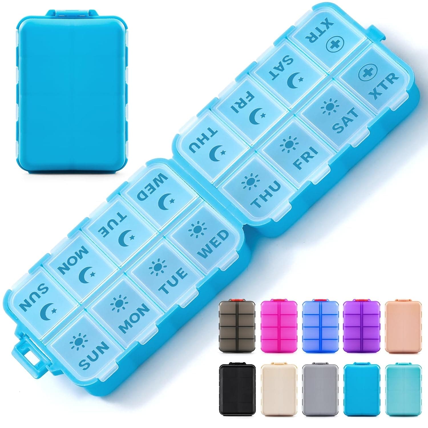 Foldable & Portable Pill Organizer 2 Times A Day with Extra Compartments - Etched Labels - Weekly 7 Day AM PM Medicine Box, Week Daily Travel Pill Case Holder Dispenser for Vitamin, Supplement - Blue