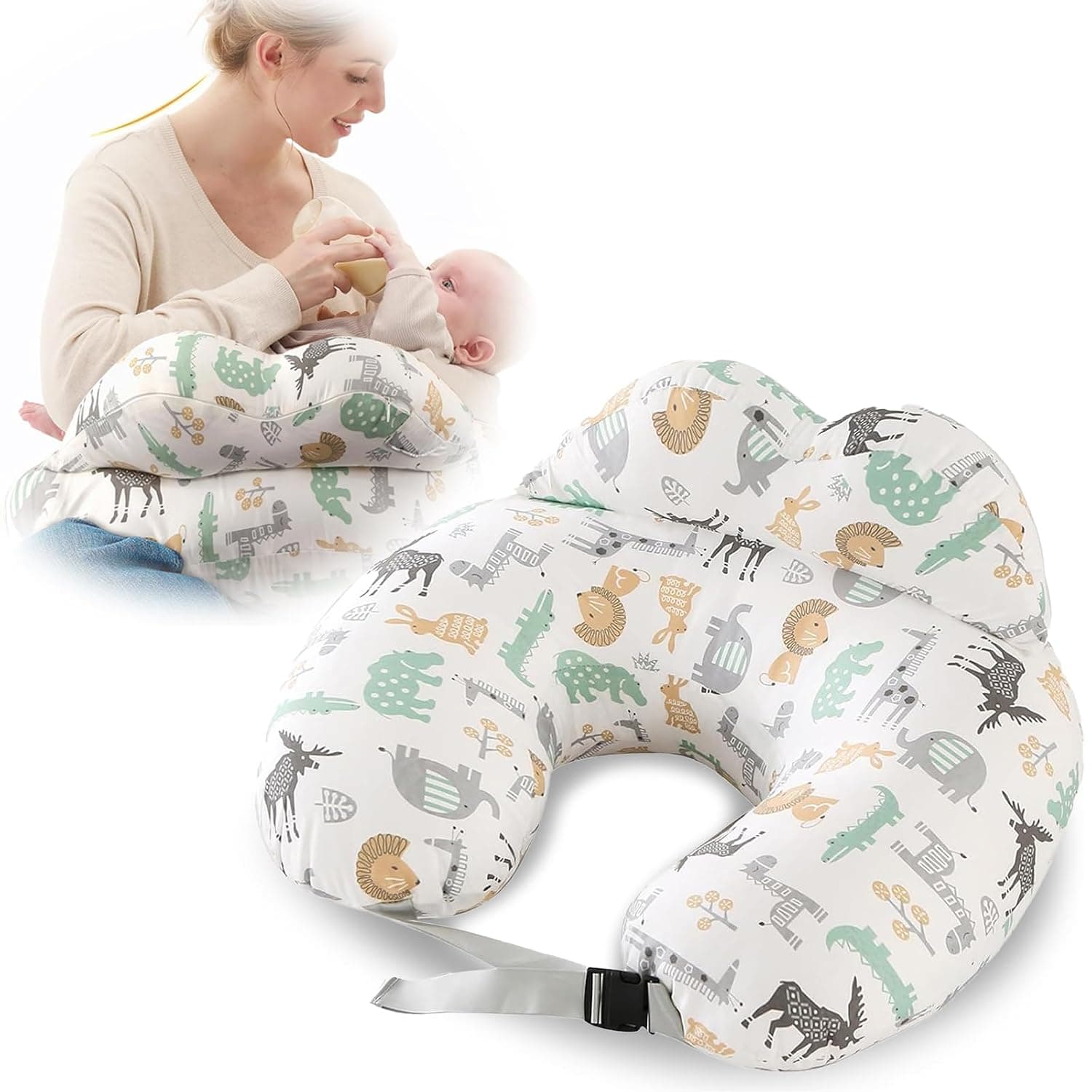 مخدة الرضاعة, Nursing Pillow for Breastfeeding, وسادة رضاعة طبيعية Large Feeding Pillow with Safety Fence, Adjustable Waist Belt & Removable Cotton Cover, Ergonomic Baby Feeding Positioner for Newborn