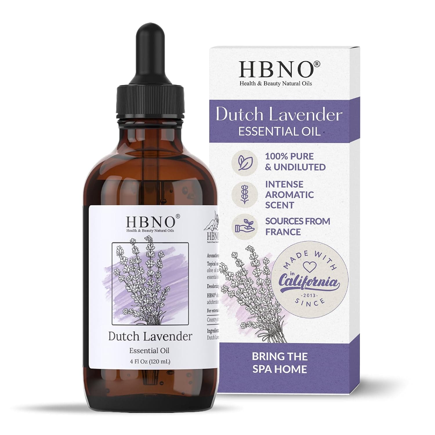 HBNO California Bottled Dutch Lavender Essential Oil 4 fl oz (120ml) - Natural Lavender Oil for Skin, Perfect for Cleaning, Aromatherapy, DIY & Diffuser - Lavender Oil Essential Oil