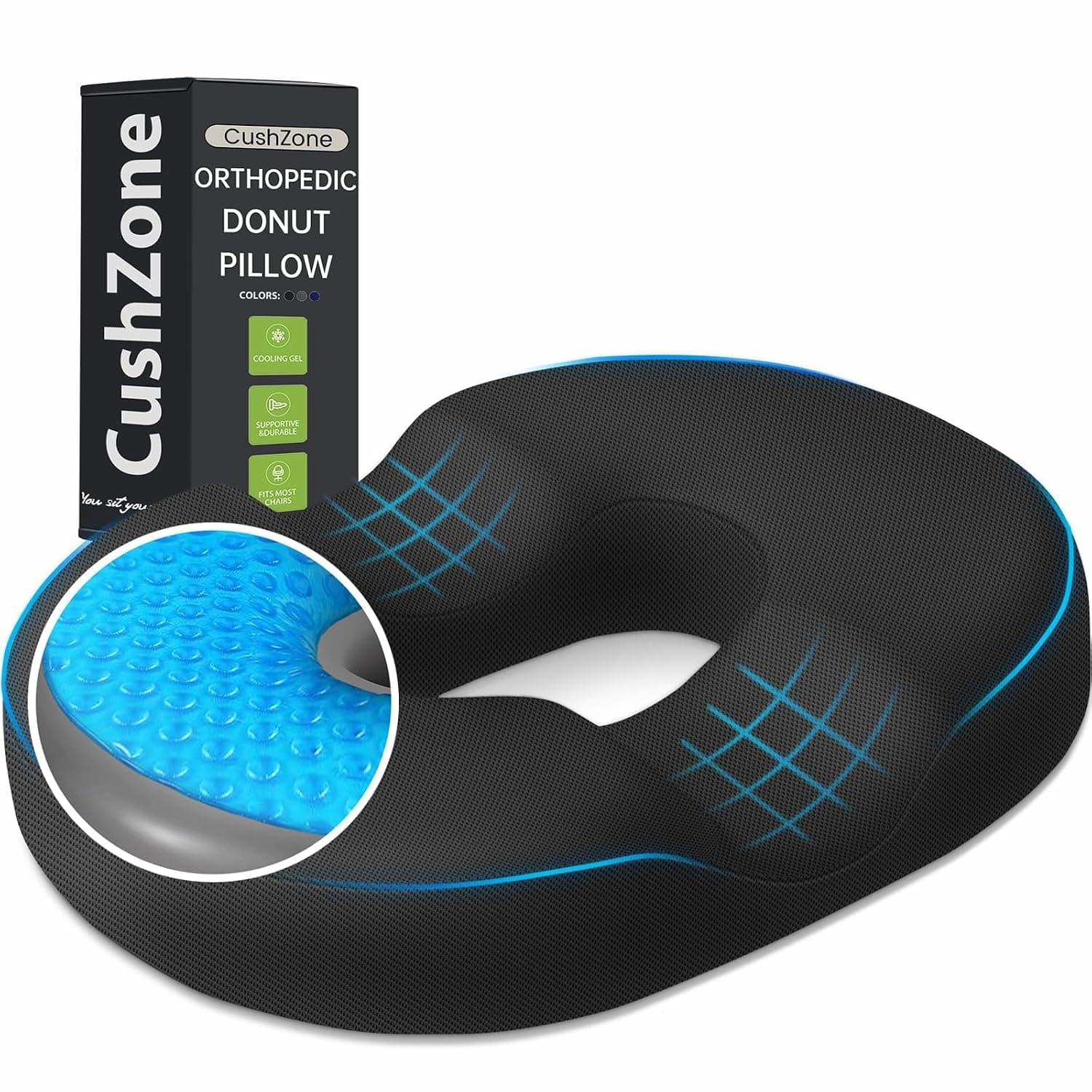CushZone Donut Pillow Seat Cushion - Cooling Gel Floor Pillow, Memory Foam Floor Cushion for Office & Home, Car Seat, Hemorrhoids Pillow, Sciatica & Tailbone Pain Relief Chair Cushion, Black | Office, Home & Car Seat Cushion, Butt Pillow for Tailbone Pain Relief, Hemorrhoids and Everyday Sitting Comfort