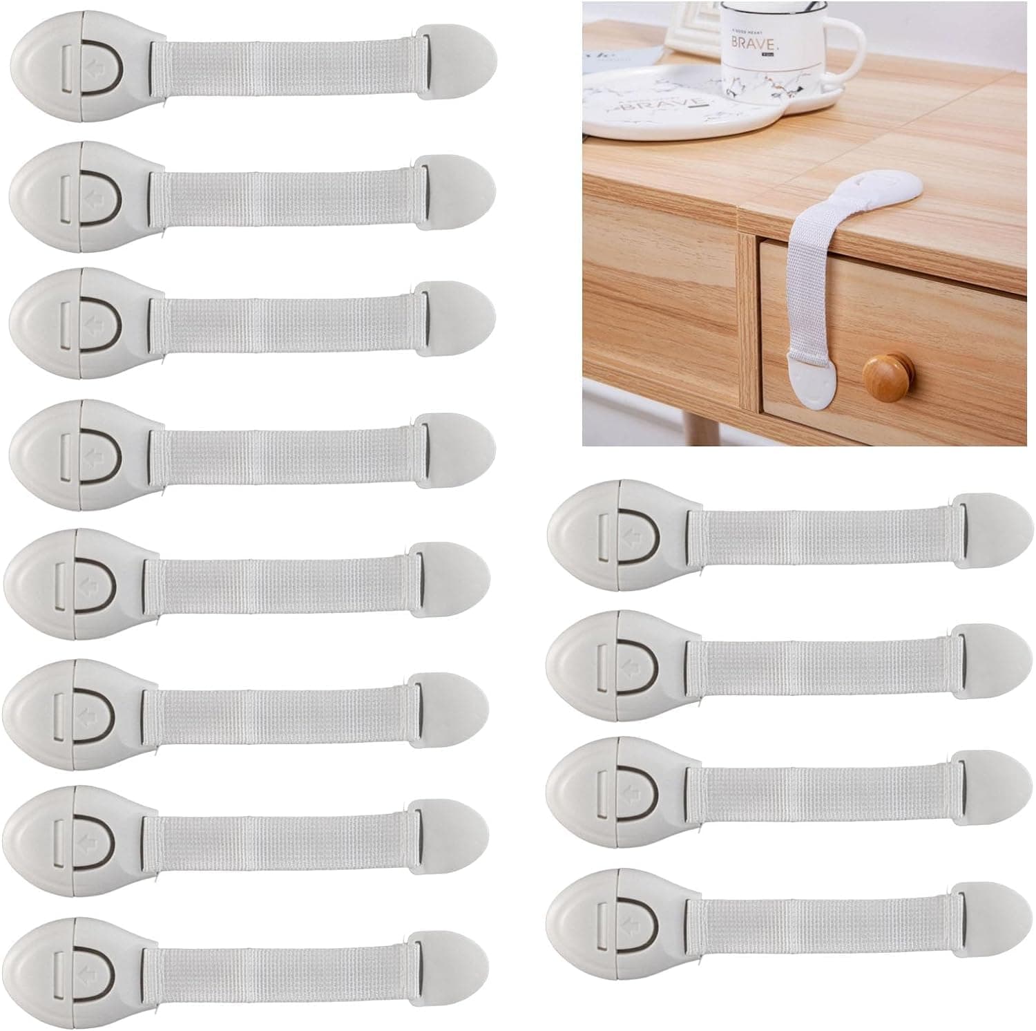 ALMEKAQUZ 12 Pcs Cupboard Locks for Children, Child Locks for Kitchen Cupboards, No Trapped Fingers Child Safety Adjustable Straps for Cupboards/Fridge/Drawers