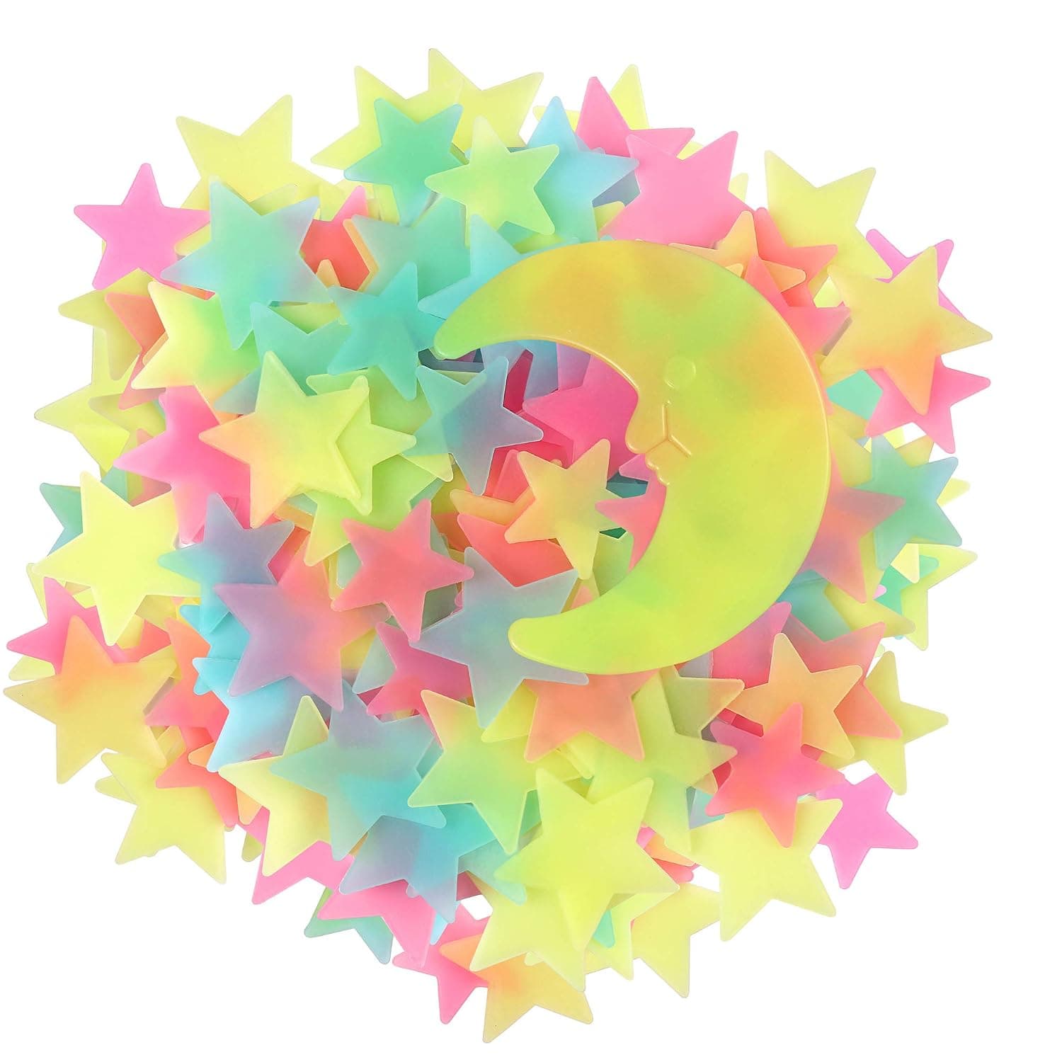 100 Pcs Colorful Glow in The Dark Luminous Stars and Moon Fluorescent Noctilucent Plastic Wall Stickers Murals Decals for Home Art Decor Ceiling Wall Decorate Kids Babys Bedroom Room Decorations