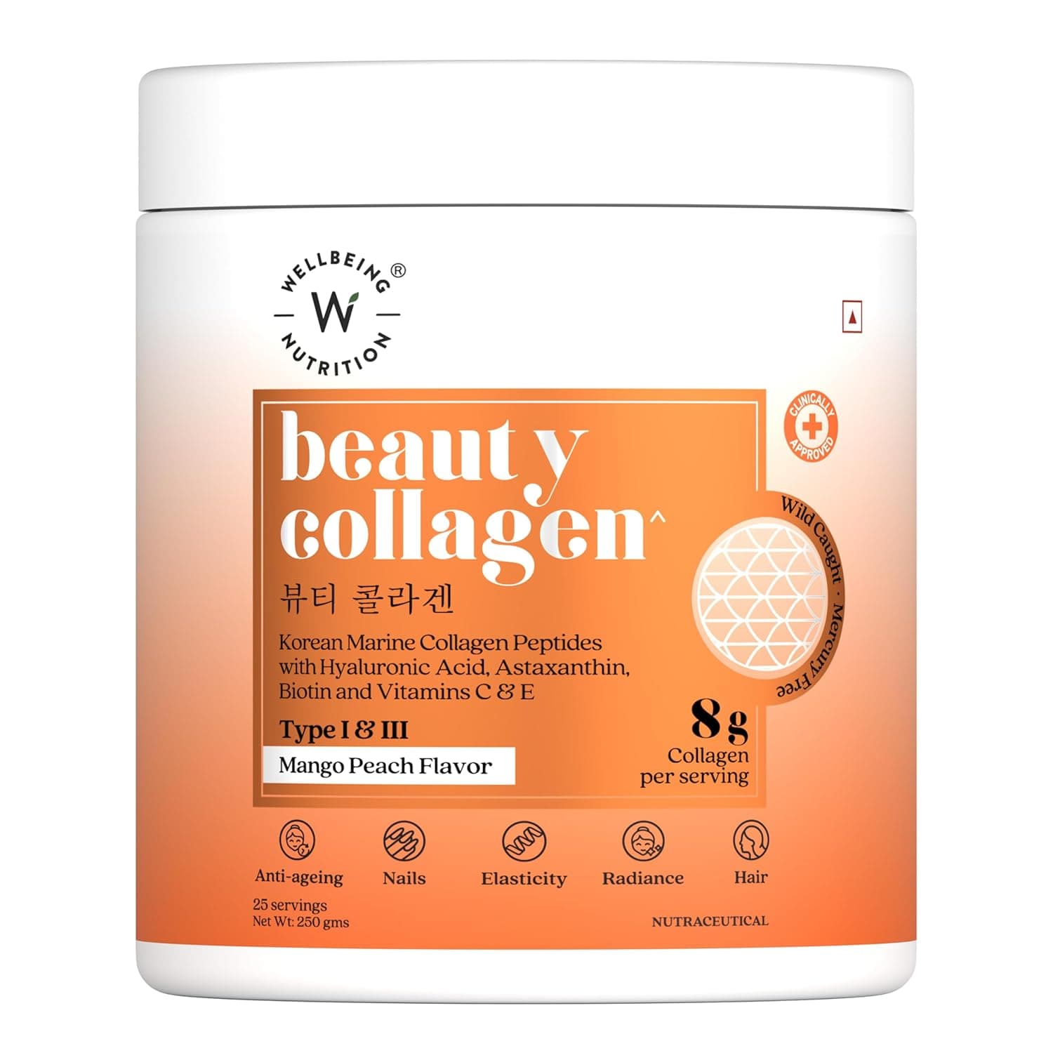 WELLBEING NUTRITION Beauty Korean Marine Collagen Peptides with Hyaluronic Acid, Rosehip, Astaxanthin, Biotin & Vitamins C & E for Hair, Nails, Skin Radiance & Anti-Aging, Mango Peach Flavor - 250g