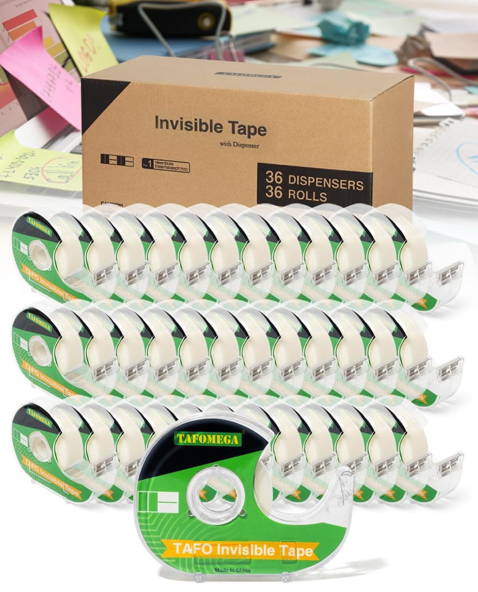 Transparent Invisible Tape Rolls Bulk, 36 Packs Gift Wrapping Tape for Office and School Crafts with Writable Frosted Dispenser - 7/10 X 1000