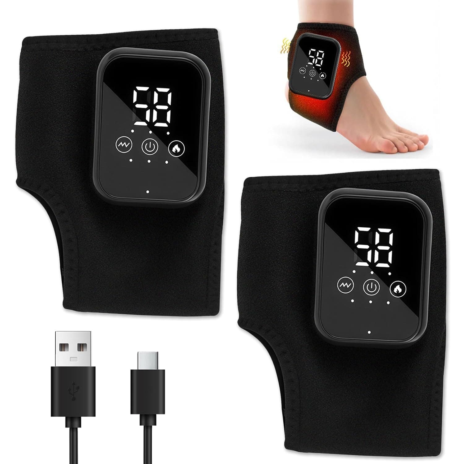 2 Pieces, 3-in-1 Massager, Wireless Ankle Foot Massage, Portable Cordless Ankle Massagers, Rechargeable Ankle Massage, 3 Vibration Modes, 3 Heat Levels, for Ankle, Heel, Achilles Tendonitis