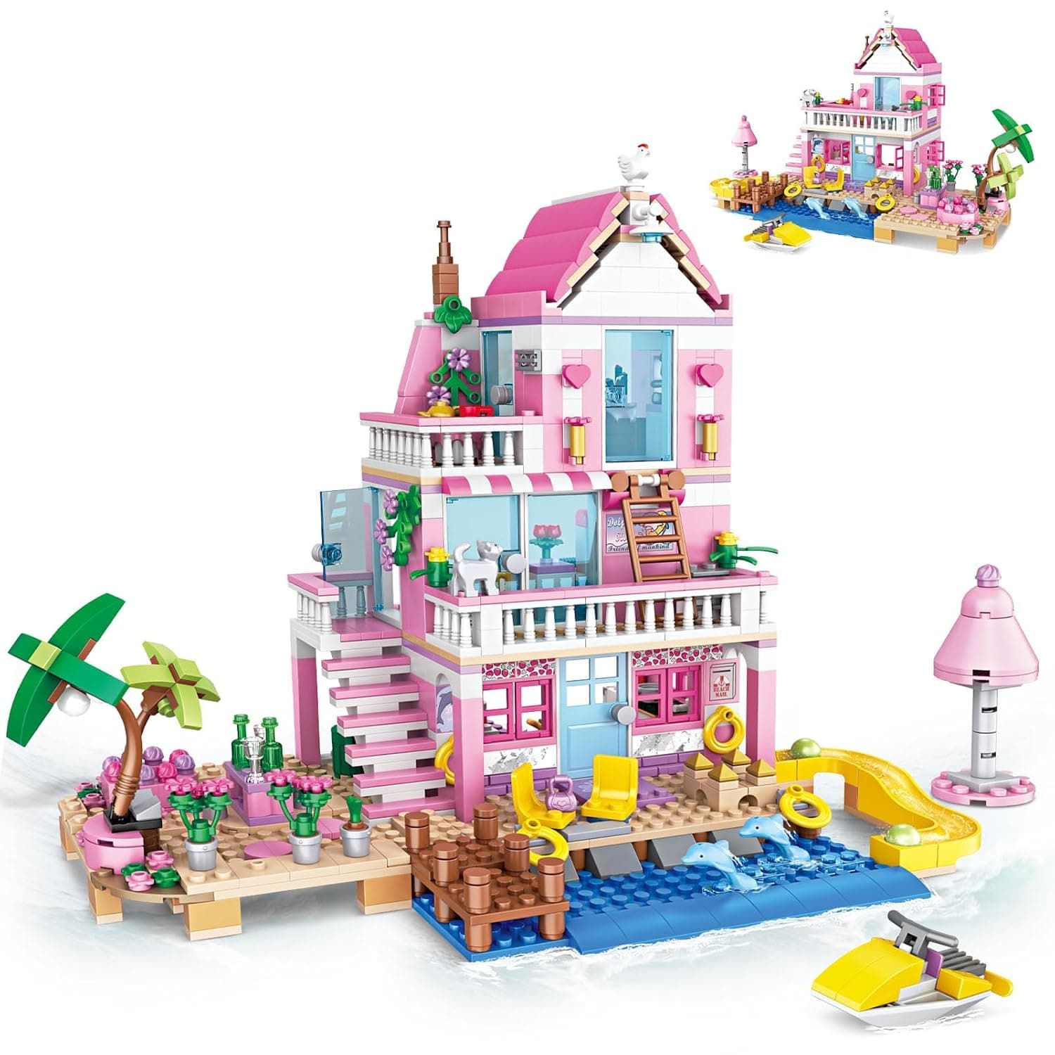 Pink Girls Seaside Beach Villa Friends Building Set with Friends Construction Educational Toy for Kids Age 6-12 and Up 822 PCS