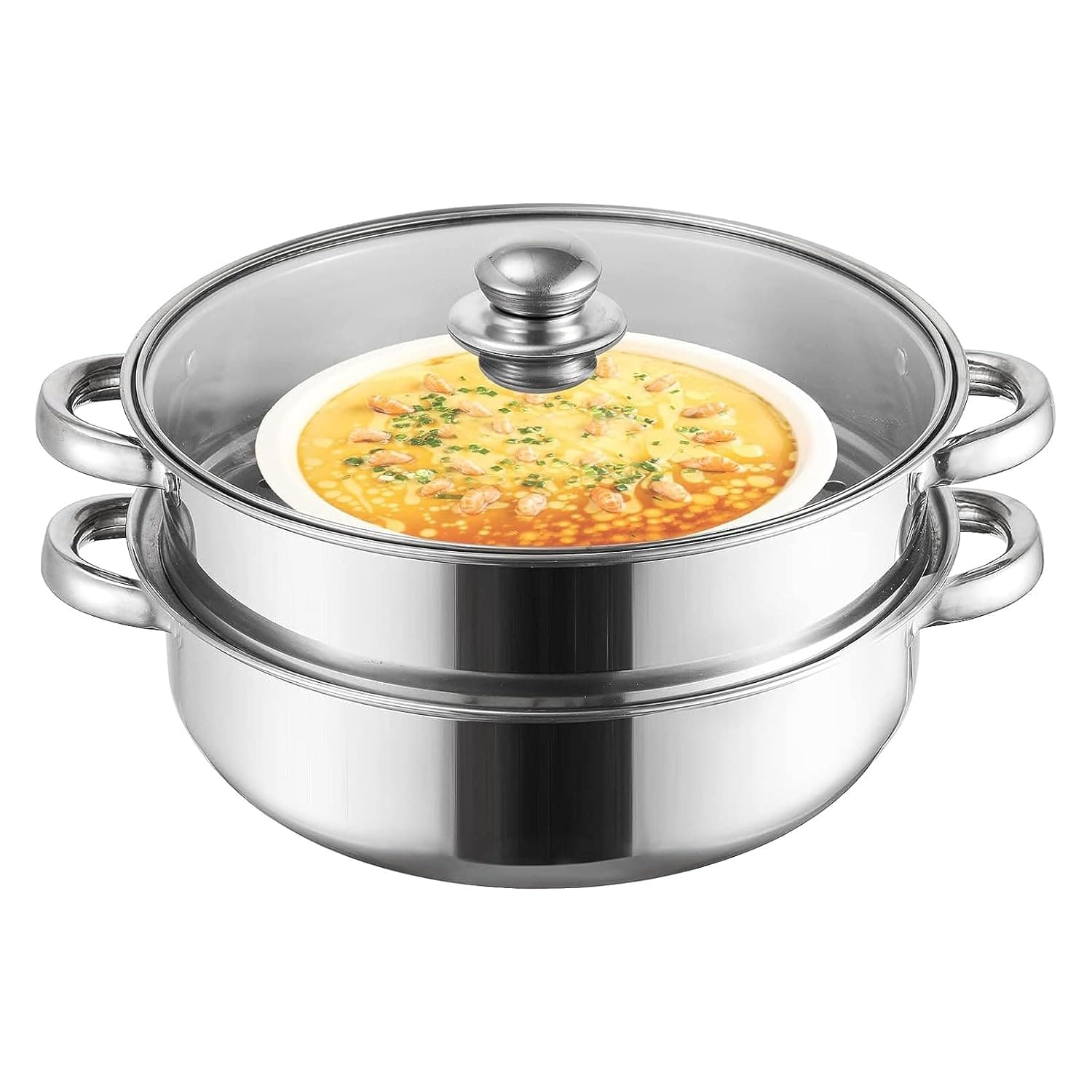 Arabest 2-Layer Steamer Pot Cooker, Double Boiler, Stainless Steel Cookware Saucepot with Glass Lid and Double Handles, Work with Gas Induction Oven, Grill Stove