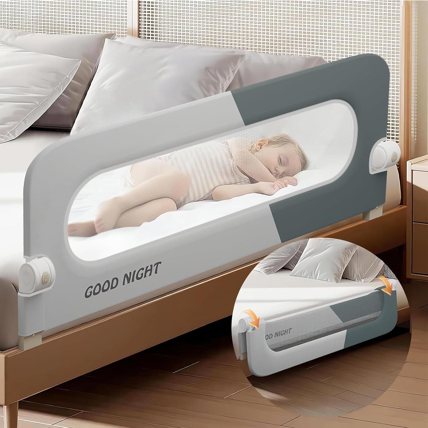 Crib Toddler Bed Rails, Toddler Foldable Bed Rails, Portable Guard Bumper, Adjustable Height and Swing Down Safety Side Rail Guard Rails(1.8m)-Grey