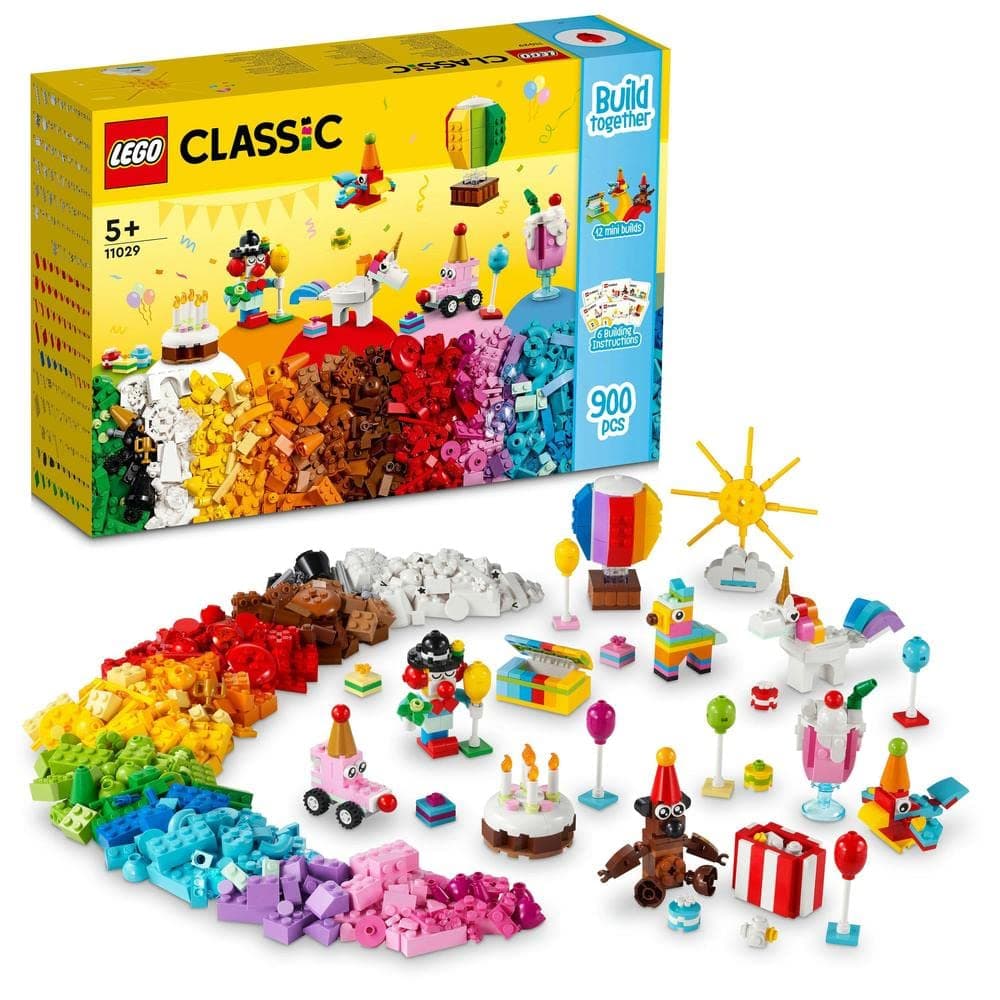 LEGO 11029 Classic Creative Party Box Bricks Set, Family Games to Play Together, Includes 12 Mini-Build Toys: Teddy Bear, Clown, Unicorn, Fun for All Aged 5 Plus