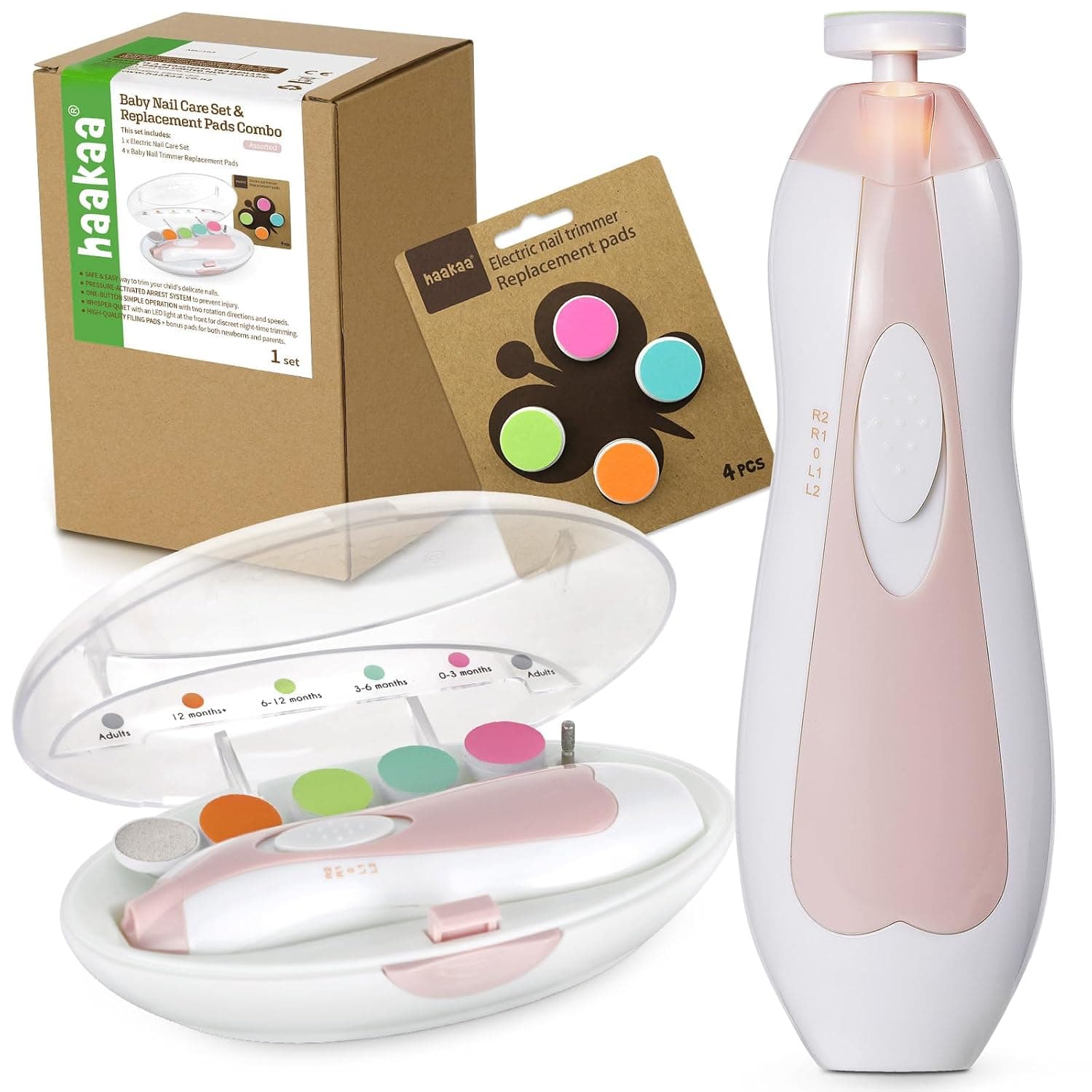 haakaa Baby Nail Trimmer Electric Baby Nail Clippers Kit for Newborn, Toddler or Adults Fingernails and Toenails Care with Extra 4 Replacement Pads New Combo | Electric Baby Nail Care Kit with LED Light, Storage Case, Safety Control and Gentle Filing for Newborns, Toddlers and Adults