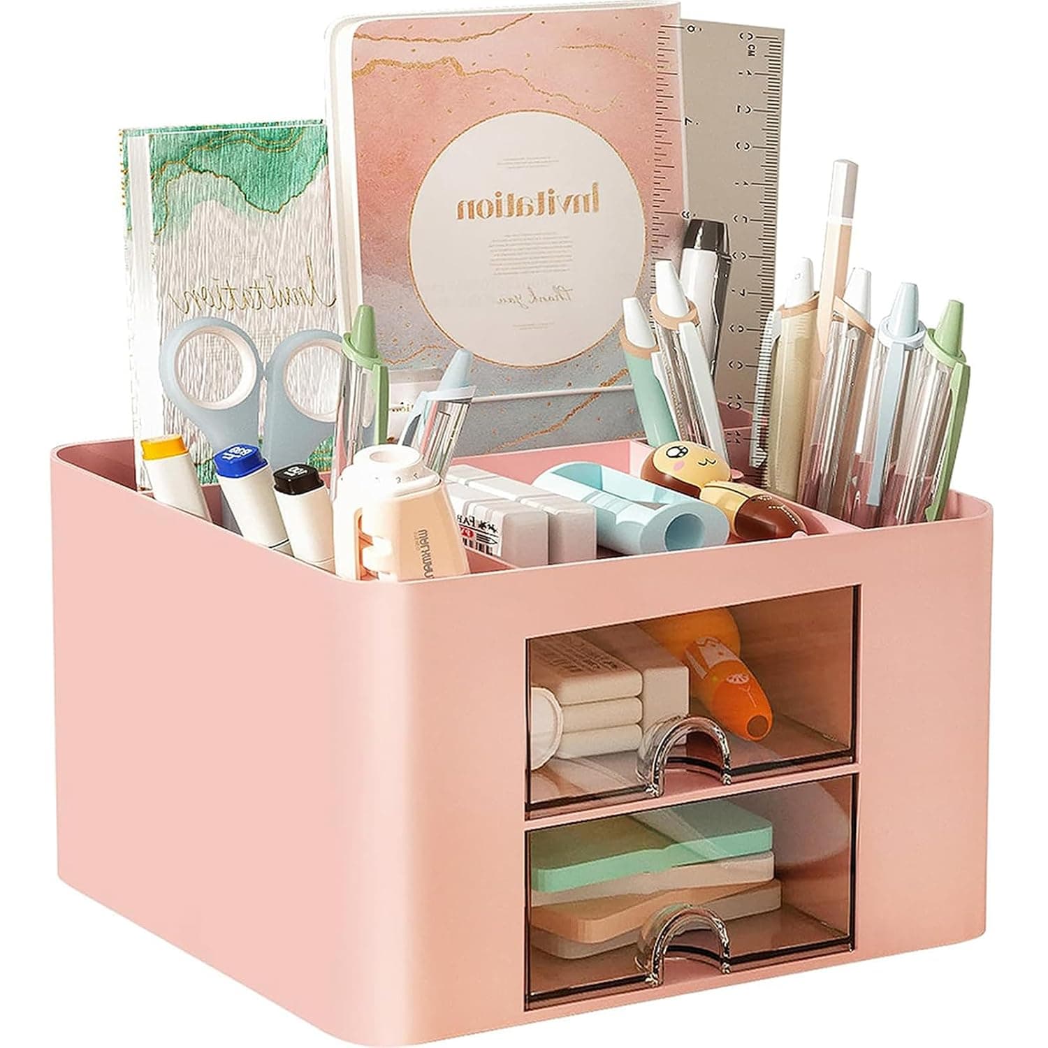 COMFYROOM Desk Organizer with 4 Compartments and 2 Drawers, Pen Holder for Desktop Storage, Makeup Organizer, Desk Organization and Accessories for School, Home, Office Supplies (Pink)