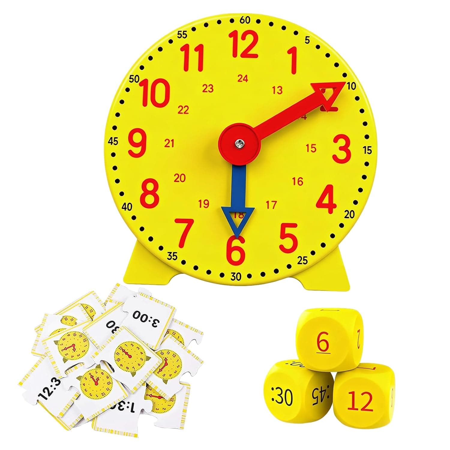 Children's Learning Clock with 3 Cubes and 12 Time Cards, Clock for Learning for Children, Aids, Early Childhood Education, Clock Learning for Children from 6 Gifts for School Enrolment Boys
