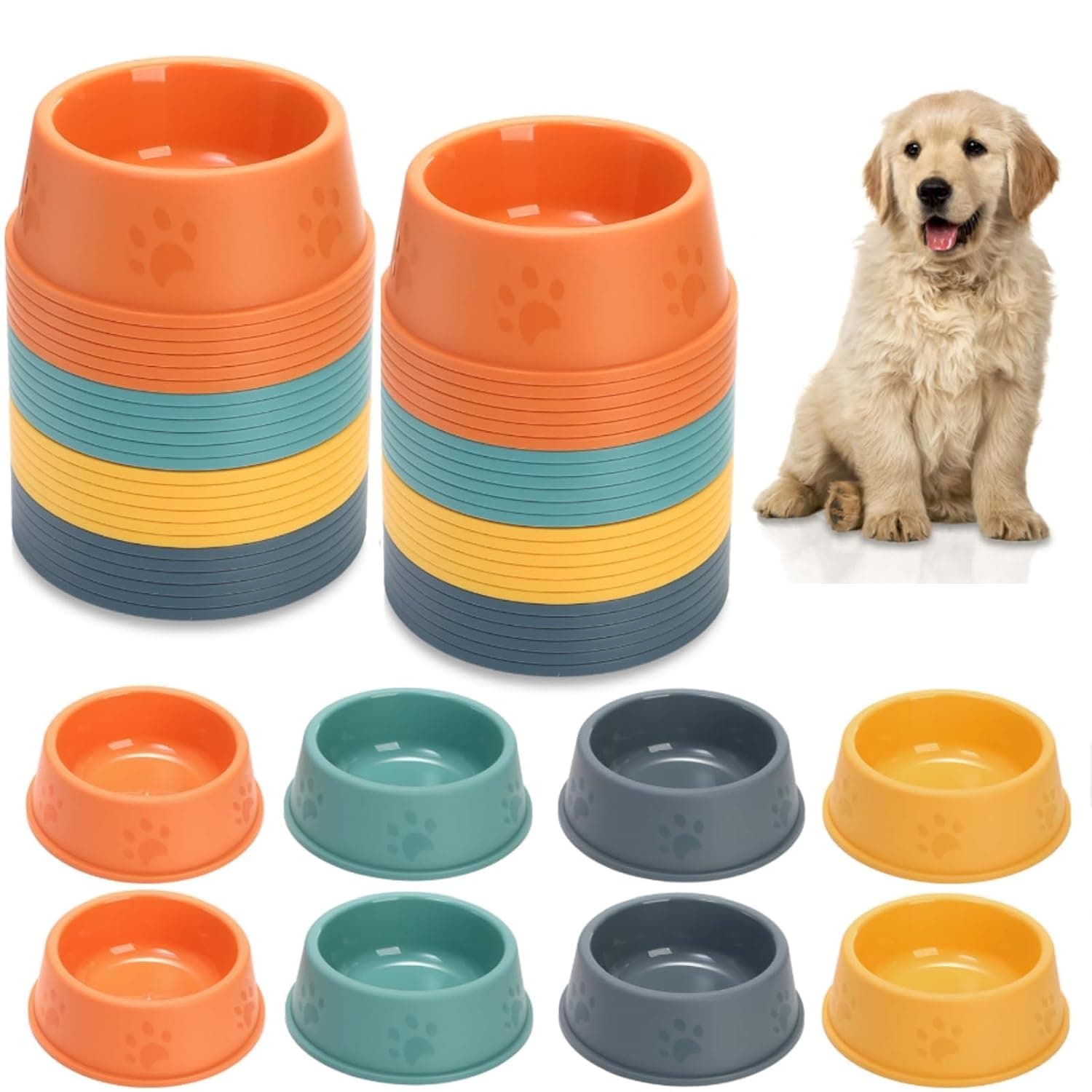 24 Pack Plastic Dog Bowls, 10 Oz Reusable Pet Food and Water Bowls with Cute Paw Print, Stackable Puppy and Cat Feeding Dishes, 4 Colors