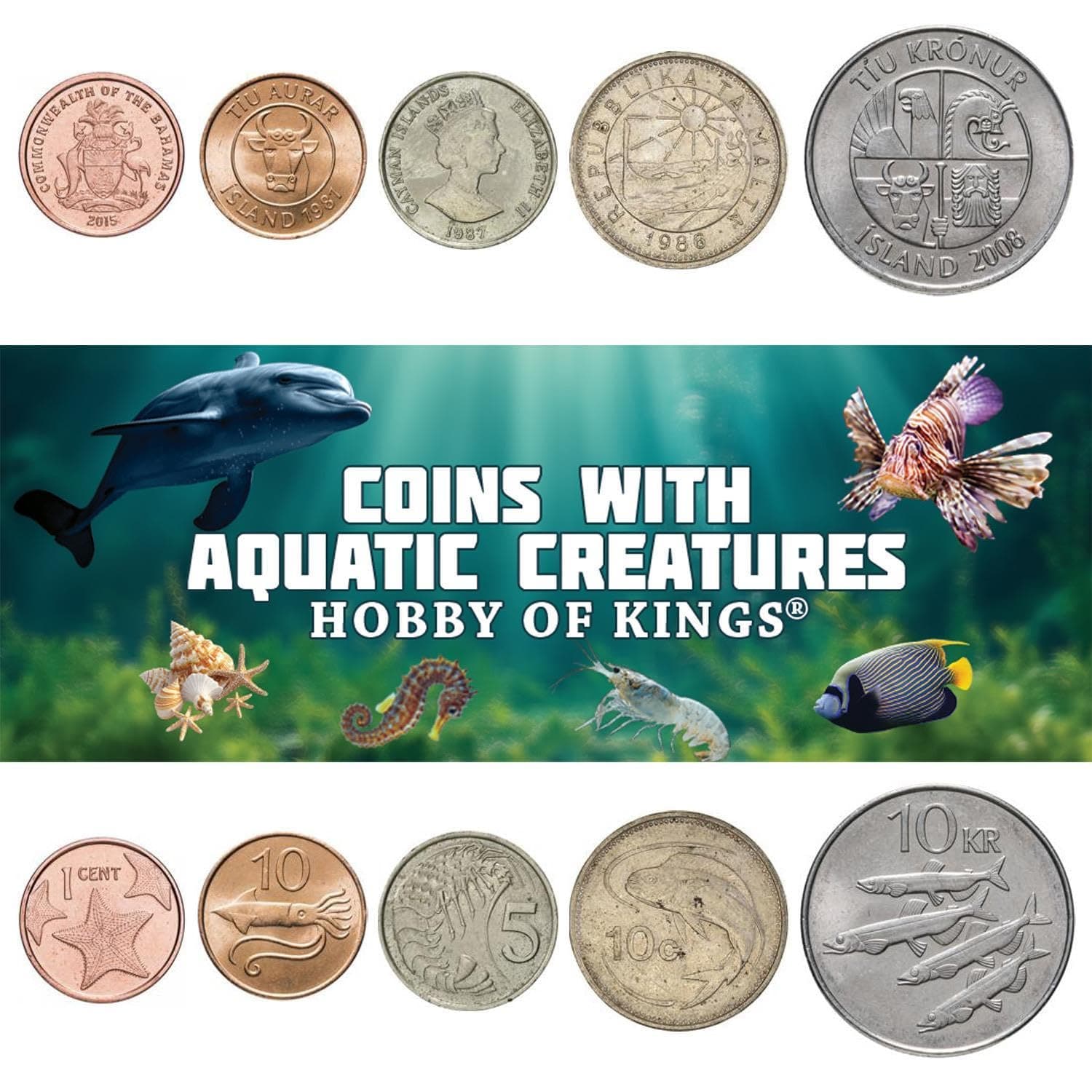 5 Different Coins Featuring Aquatic Creatures - Fish, Dolphins, Squids, Crabs, Shrimps, Starfish And More - Genuine World Coin Collection