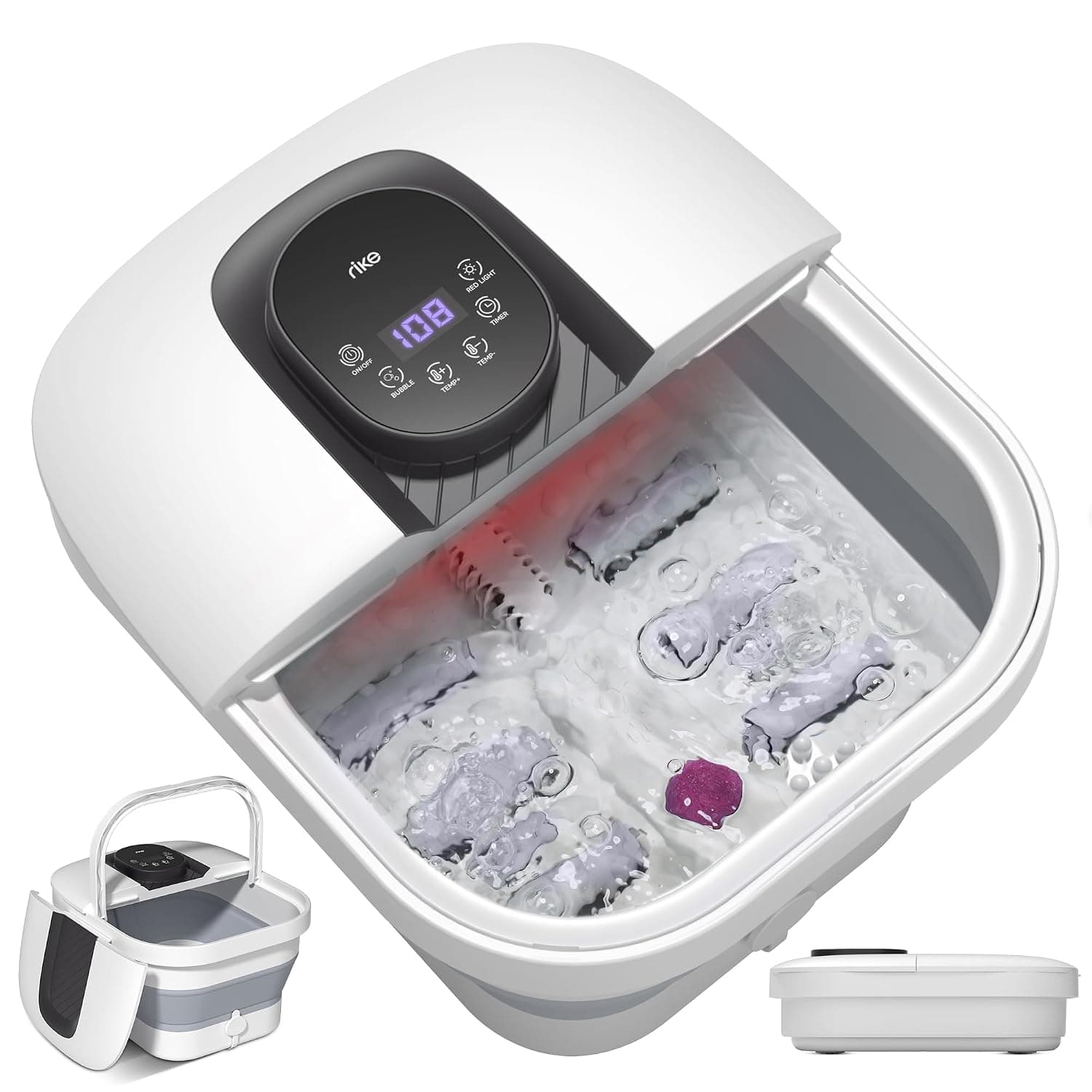 RIKE Foldable Foot Bath with PTC Quick Heating & Massage, Foldable Foot Massager with Precise LCD Temperature Control & Red Light, Wellness Gift for Seniors & Home Office
