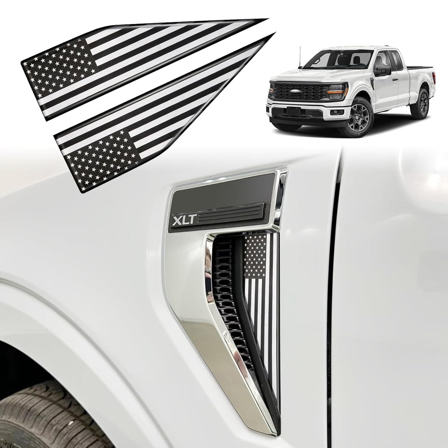 موشنت زوج واحد من ملصقات العلم الامريكي لملحقات فورد F150 2021-2025 2026، شعار سيارة مخصص لسيارة فورد F150، رقعة خارجية لتزيين نمط الشاحنة (ليس لرابتور)، اسود وابيض