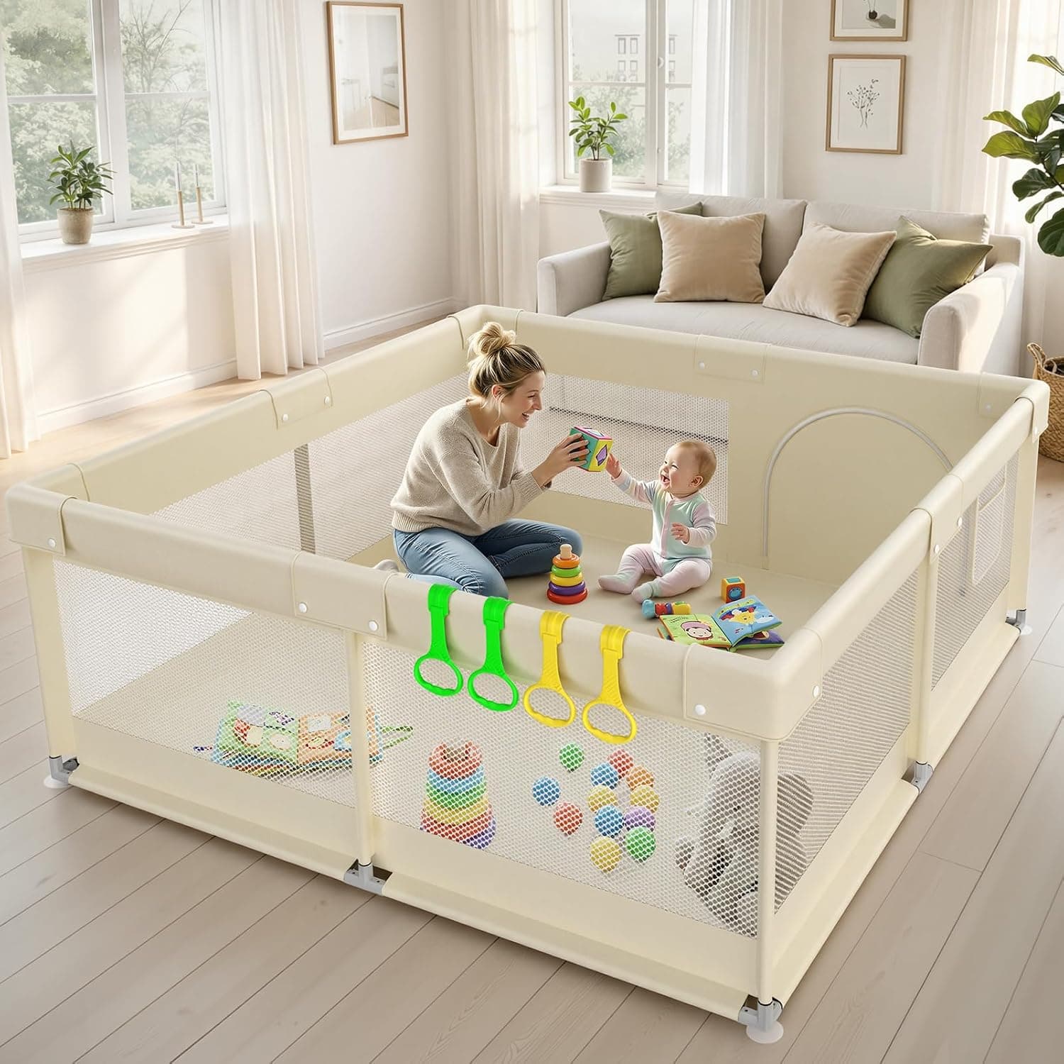 ZEEBABA Baby playpen, 59 * 59inch (Beige-Without MAT)