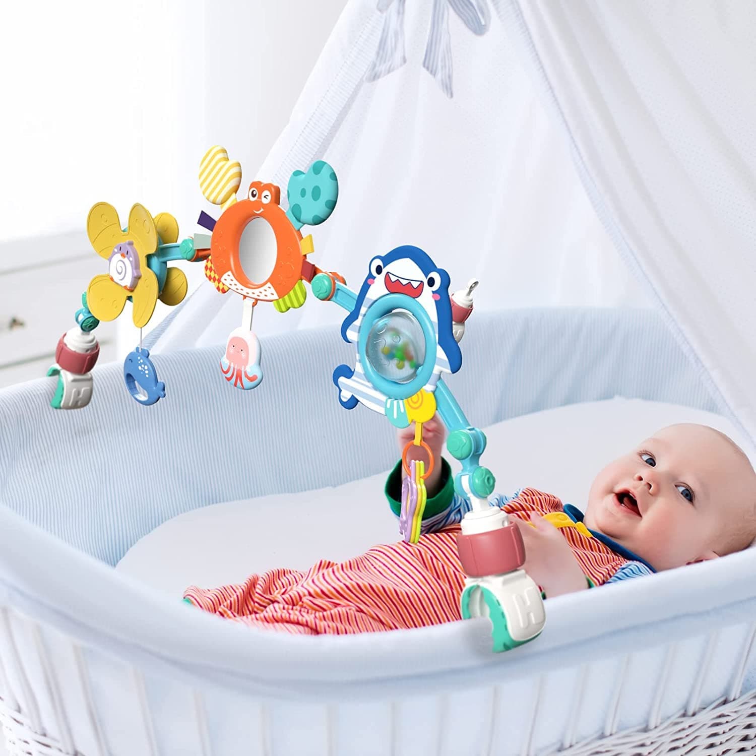 Soofam Baby Travel Play Arch, Stroller Bouncer Toy Crib Accessory for 0-12 Months Newborn,Detachable Activity Musical Animal Car Seat Toys,Mobile for Bassinet for Boys Girls