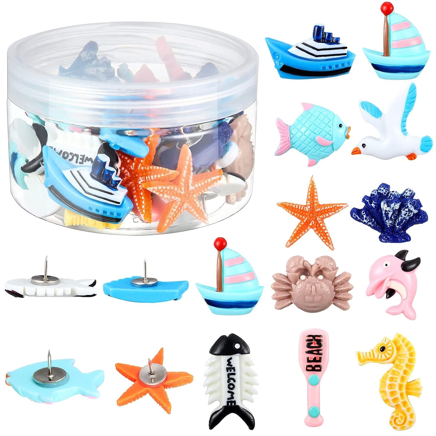 Push Pins, 36Pcs Decorative Cute Ocean Pushpins Creative Thumbtacks Cute Seahorse Steamship Fish Starfish Push Pins for Corkboard Photo Wall Map Bulletin Board Office Organization Home Decoration