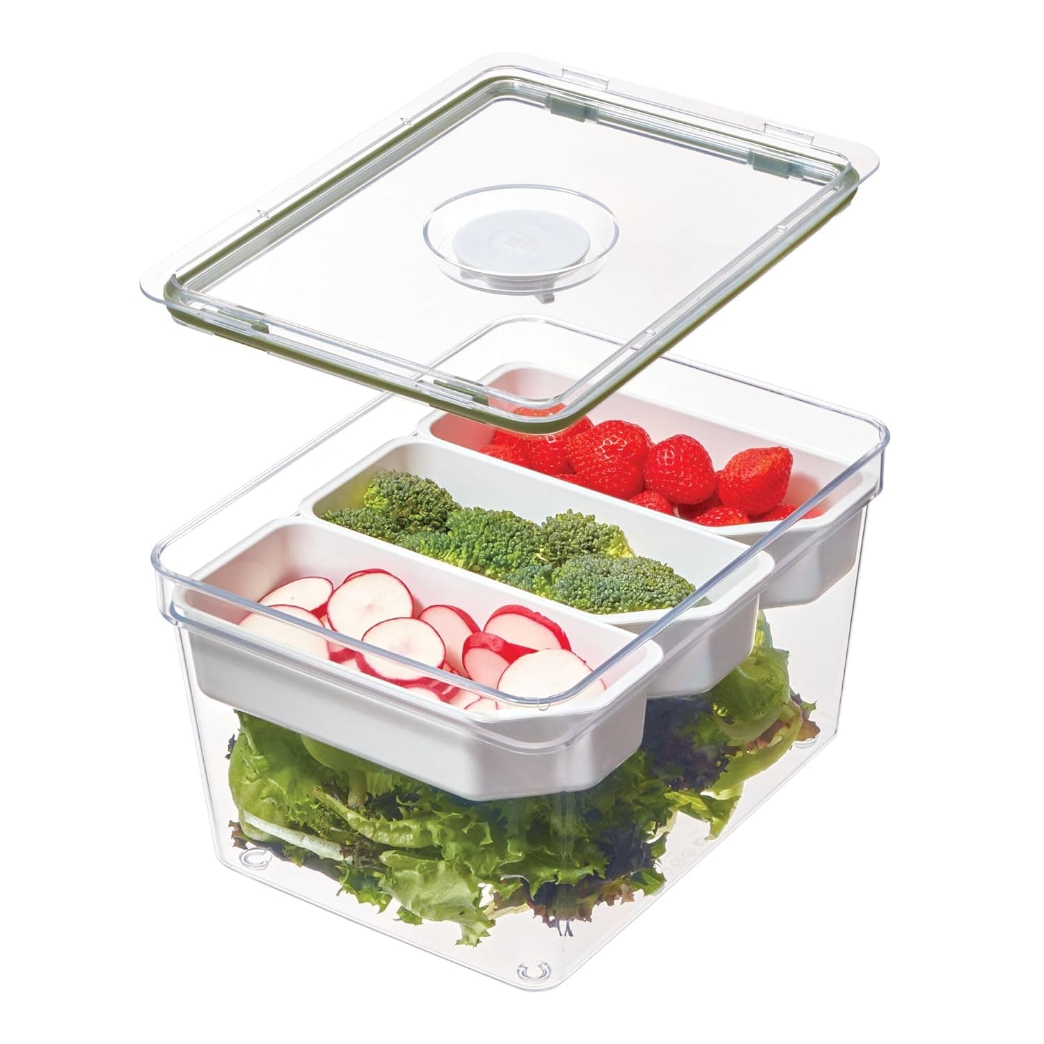 IDESIGN Large Tall Produce Storage Bin with 3 Movable Dividers, The Fresh Collection – 7.85” L x 10.5” W x 6” H, Clear Bin