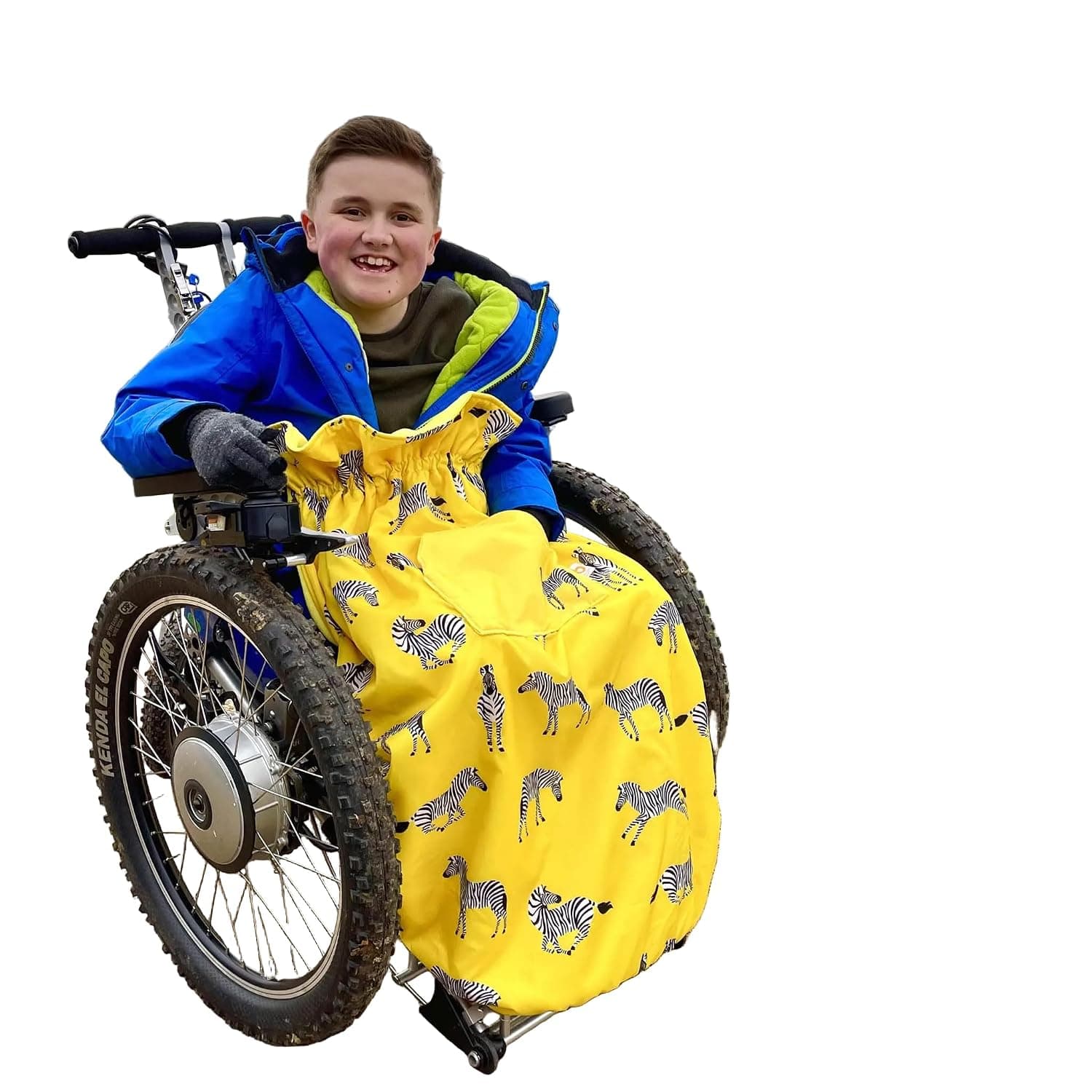 Bundlebean - 100% Waterproof Fleece Lined Wheelchair Cover - Kids Wheelchair Cosy - Universal Fit for Wheelchairs and Special Needs Buggies - Child Size (Yellow Zebra)