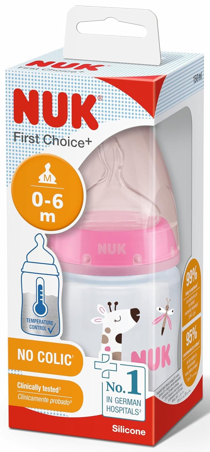 NUK First Choice+ Baby Bottle for 0-6 Months Babies, 150 ml Capacity, Pink