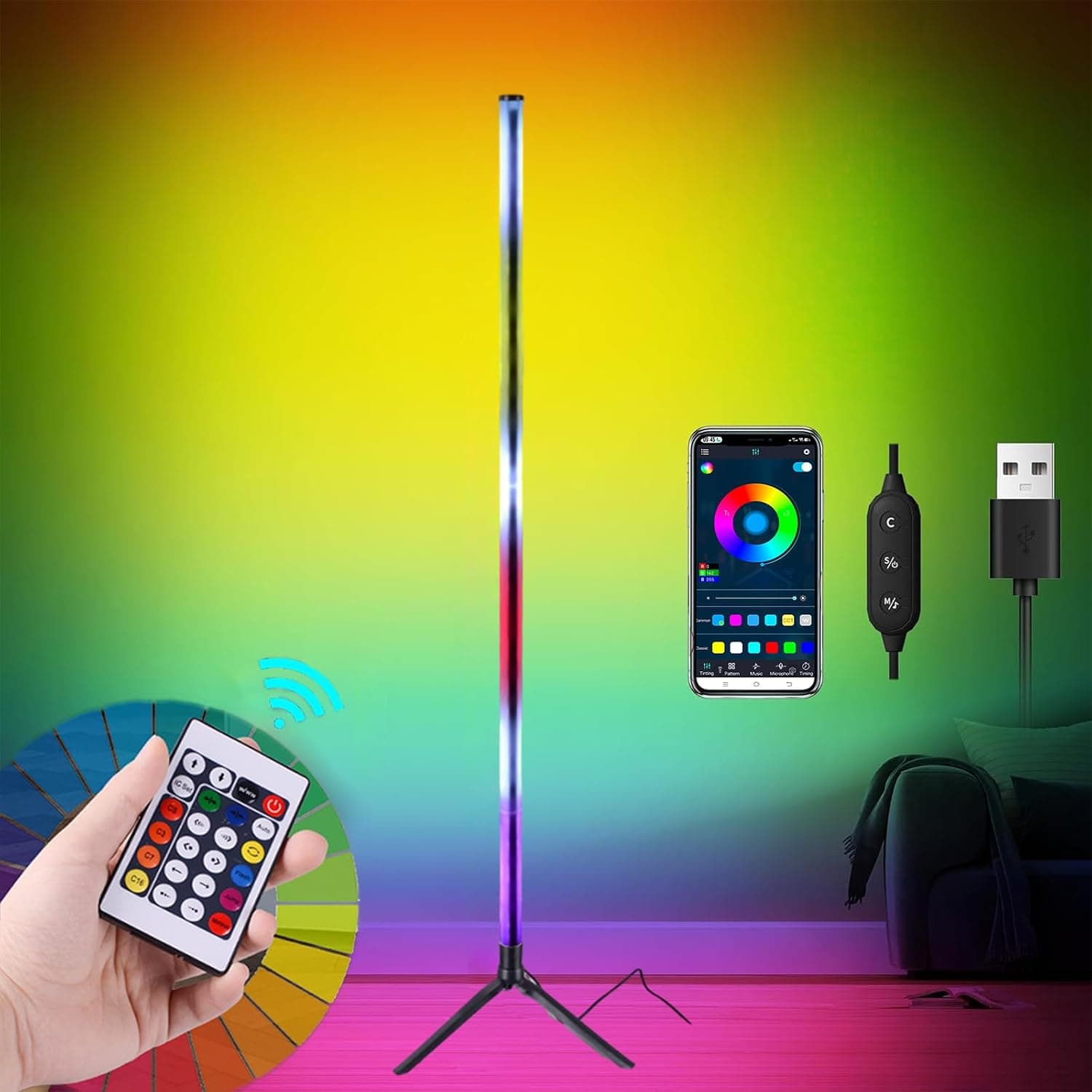 LinJie Modern Corner Floor Lamp with Remote & App Control, Creative DIY Mode, RGB Color Changing LED Floor Lamp for Living Room & Gaming Room, Easy Installation