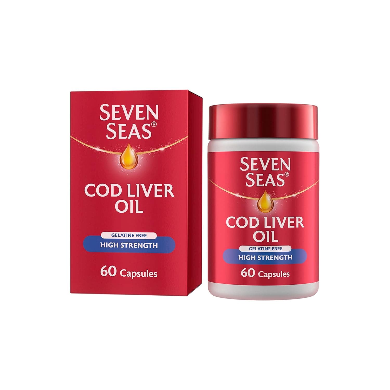 Seven Seas High Strength Cod Liver Oil With Omega-3 Fish Oil, EPA & DHA, Plus High Strength Vitamin D - 120 Gelatine-Free High-Strength Cpsules