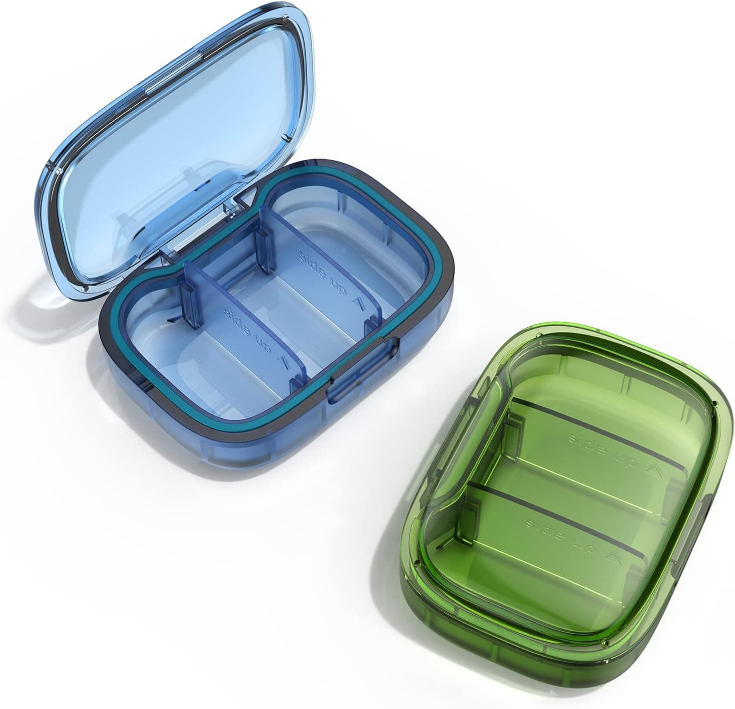 ALMEKAQUZ 2 Pcs 3 Compartment Small Pill Box, Moisture Proof Pill Case, Travel Pill Organizer for Pocket Purse, Daily Portable Medicine Vitamin Box, Fish Oil Box, Supplement Box(Bule+Green)